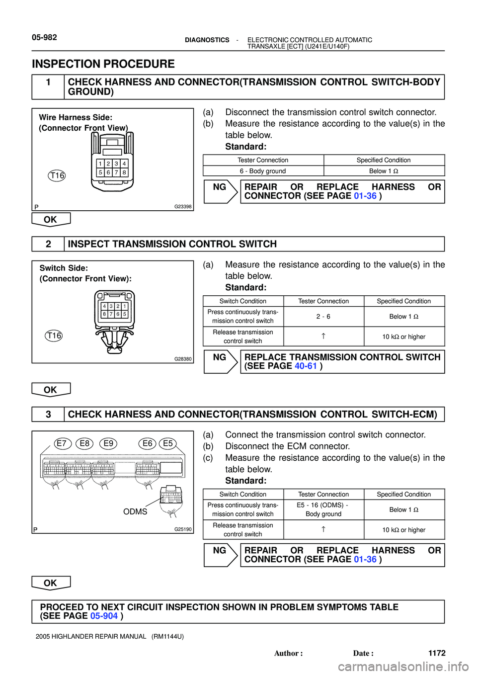 TOYOTA HIGHLANDER 2001  Service Repair Manual G23398
Wire Harness Side:
(Connector Front View)
T16
G28380
Switch Side:
(Connector Front View):
T16
G25190
ODMS
E7E8E9E6E5
05-982- DIAGNOSTICSELECTRONIC CONTROLLED AUTOMATIC
TRANSAXLE [ECT] (U241E/U1