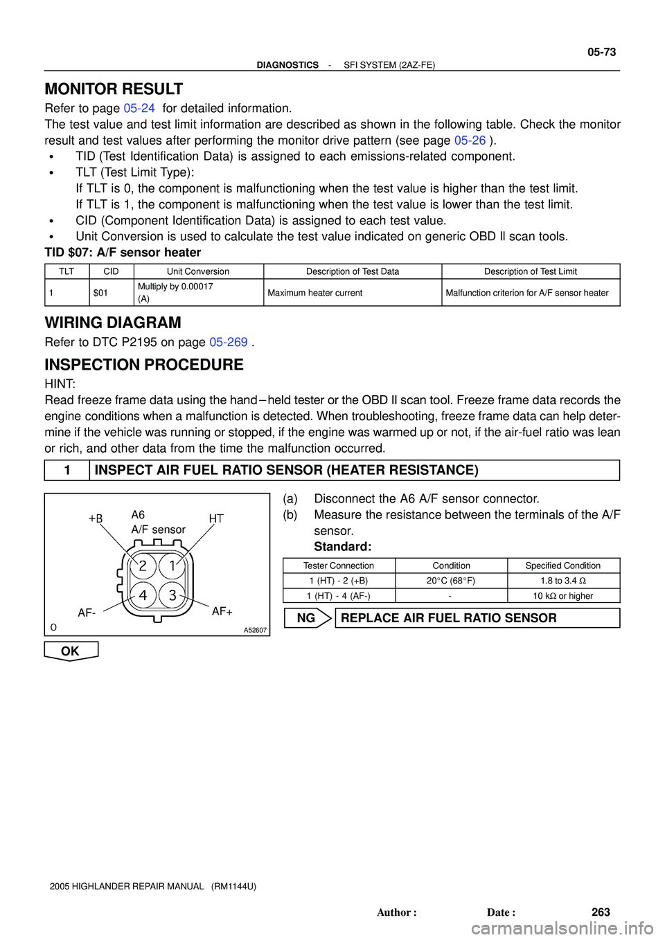 TOYOTA HIGHLANDER 2001  Service Repair Manual A52607
AF-AF+
A6
A/F sensor
- DIAGNOSTICSSFI SYSTEM (2AZ-FE)
05-73
263 Author: Date:
2005 HIGHLANDER REPAIR MANUAL   (RM1144U)
MONITOR RESULT
Refer to page 05-24 for detailed information.
The test v