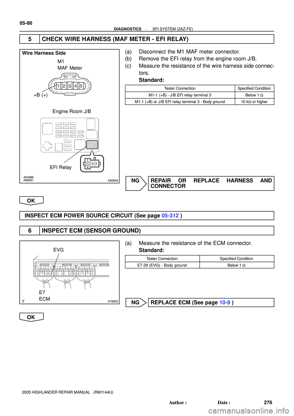 TOYOTA HIGHLANDER 2001  Service Repair Manual A54396
A90291A90959
Wire Harness Side
M1
MAF Meter
+B (+)
EFI RelayEngine Room J/B
A76903
EVG
E7
ECM
05-86
- DIAGNOSTICSSFI SYSTEM (2AZ-FE)
276 Author: Date:
2005 HIGHLANDER REPAIR MANUAL   (RM1144U