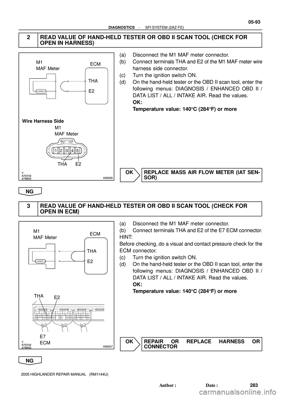 TOYOTA HIGHLANDER 2001  Service Repair Manual Y
A75743
A76903
A85506
M1
MAF MeterECM
THA
E2
Wire Harness Side
M1
MAF Meter
E2THA
Y
A75742
A76903A85507
M1
MAF MeterECM
THA
E2
E7
ECM THA
E2
- DIAGNOSTICSSFI SYSTEM (2AZ-FE)
05-93
283 Author: Date: