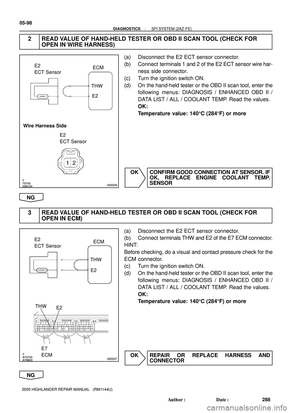 TOYOTA HIGHLANDER 2001  Service Repair Manual Y
75743
A66104A85509
E2
ECT SensorECM
THW
E2
Wire Harness Side
E2
ECT Sensor
Y
A75742
A76903A85507
ECM
THW
E2
E7
ECM THW
E2E2
ECT Sensor
05-98
- DIAGNOSTICSSFI SYSTEM (2AZ-FE)
288 Author: Date:
2005
