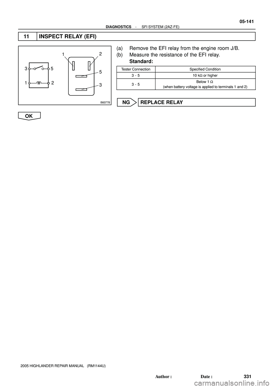 TOYOTA HIGHLANDER 2001  Service Repair Manual B60778
5
12312
5
3
- DIAGNOSTICSSFI SYSTEM (2AZ-FE)
05-141
331 Author: Date:
2005 HIGHLANDER REPAIR MANUAL   (RM1144U)
11 INSPECT RELAY (EFI)
(a) Remove the EFI relay from the engine room J/B.
(b) M