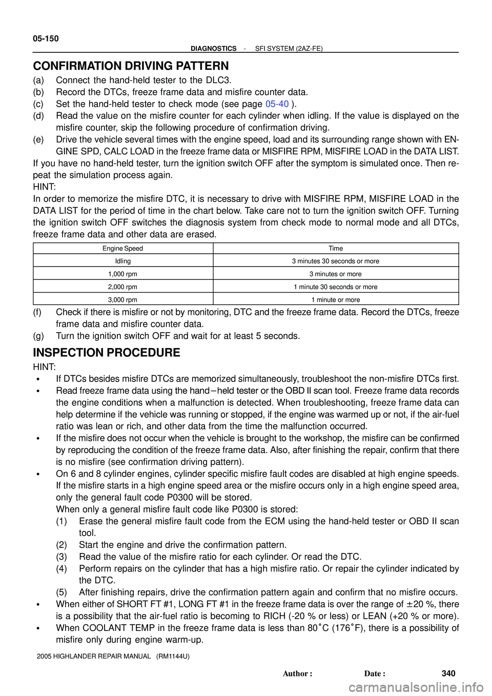 TOYOTA HIGHLANDER 2001  Service Repair Manual 05-150
- DIAGNOSTICSSFI SYSTEM (2AZ-FE)
340 Author: Date:
2005 HIGHLANDER REPAIR MANUAL   (RM1144U)
CONFIRMATION DRIVING PATTERN
(a) Connect  the hand-held tester to the DLC3.
(b) Record the DTCs, f