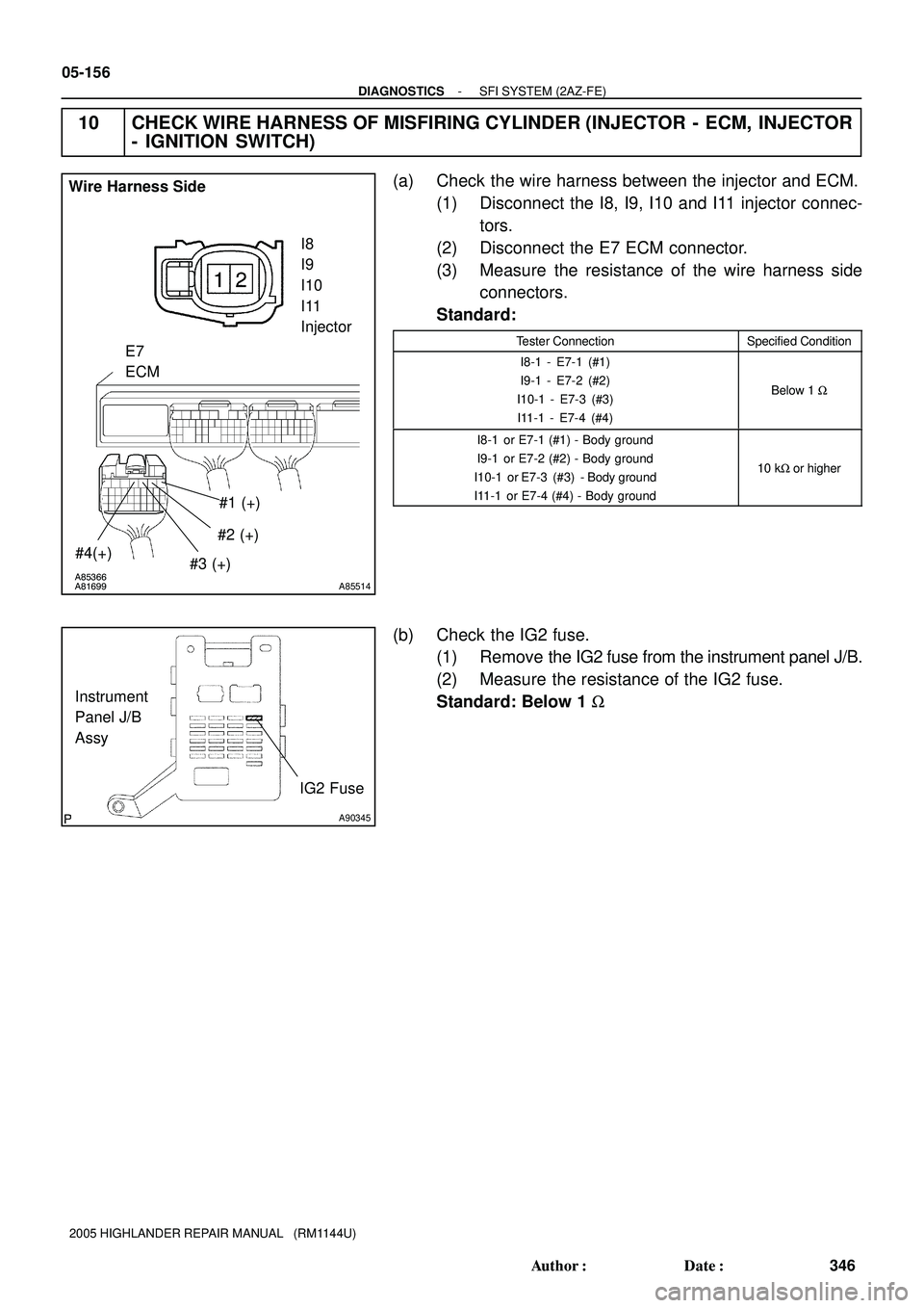TOYOTA HIGHLANDER 2001  Service Repair Manual A85366
A81699A85514
Wire Harness Side
I8 
I9 
I10 
I11
Injector
#3 (+)#2 (+)
#4(+)#1 (+) E7
ECM
A90345
IG2 Fuse Instrument 
Panel J/B 
Assy
05-156
- DIAGNOSTICSSFI SYSTEM (2AZ-FE)
346 Author: Date:
