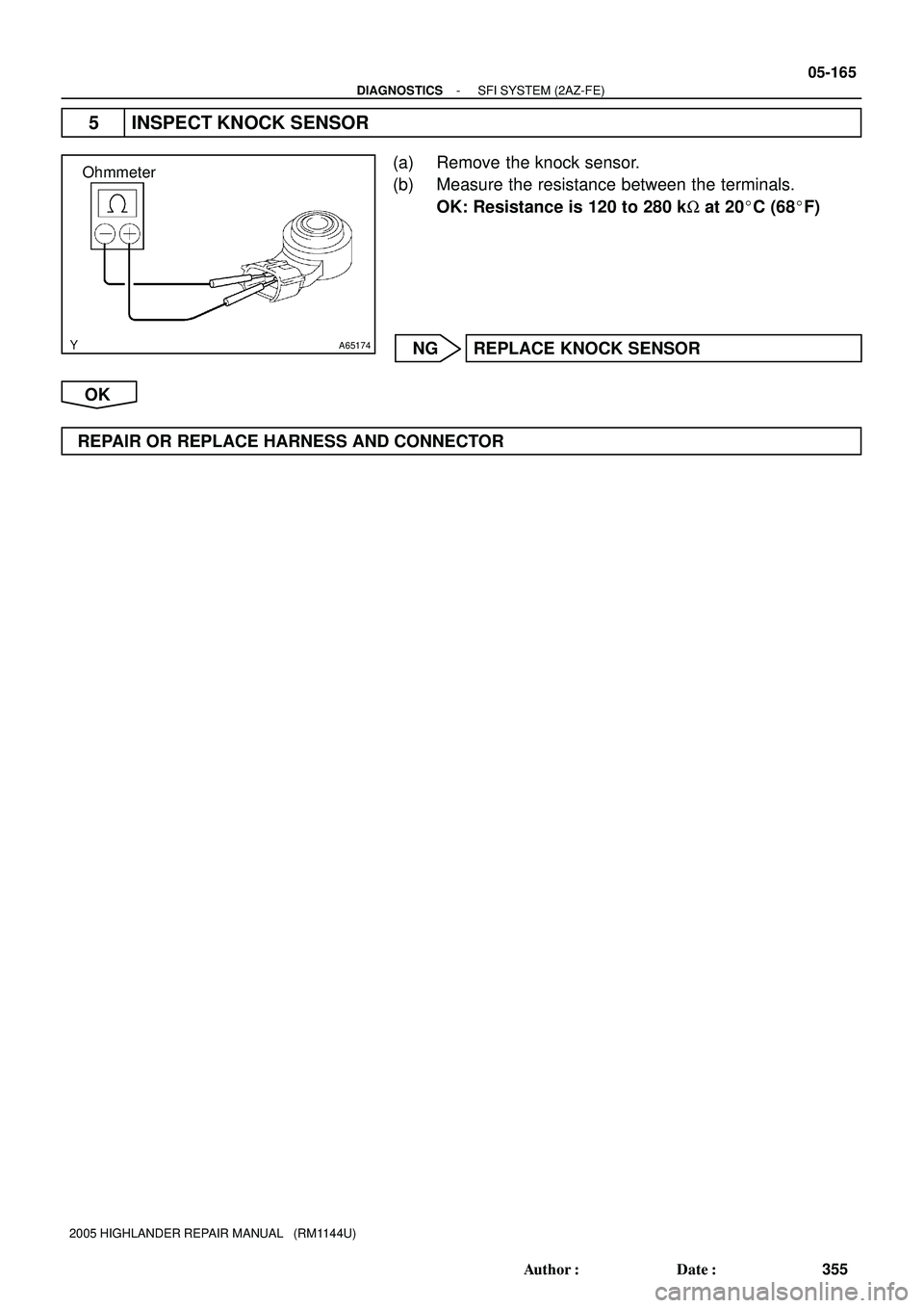 TOYOTA HIGHLANDER 2001  Service Repair Manual A65174
Ohmmeter
- DIAGNOSTICSSFI SYSTEM (2AZ-FE)
05-165
355 Author: Date:
2005 HIGHLANDER REPAIR MANUAL   (RM1144U)
5 INSPECT KNOCK SENSOR
(a) Remove the knock sensor.
(b) Measure the resistance bet