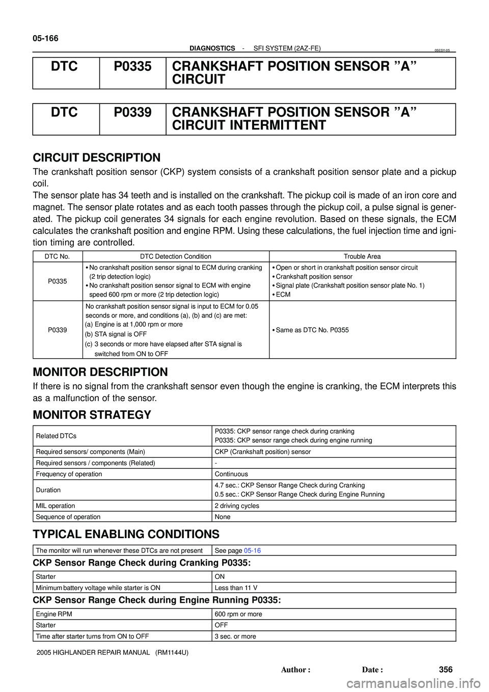 TOYOTA HIGHLANDER 2001  Service Repair Manual 05-166
- DIAGNOSTICSSFI SYSTEM (2AZ-FE)
356 Author: Date:
2005 HIGHLANDER REPAIR MANUAL   (RM1144U)
DTC P0335 CRANKSHAFT POSITION SENSOR ºAº
CIRCUIT
DTC P0339 CRANKSHAFT POSITION SENSOR ºAº
CIRC