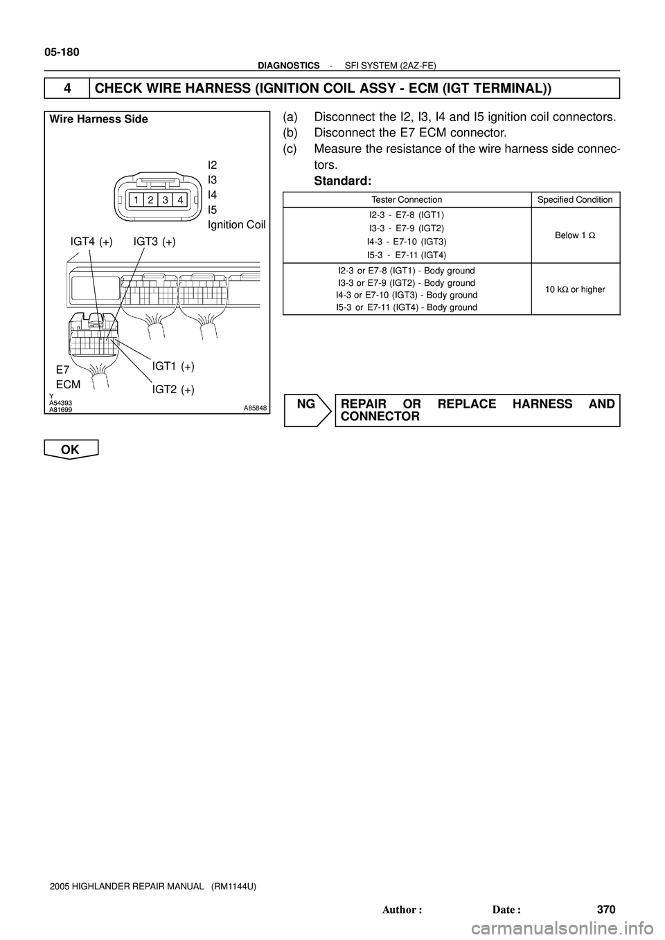 TOYOTA HIGHLANDER 2001  Service Repair Manual Y
A54393
A81699
A85848
Wire Harness Side
I2 
I3 
I4 
I5
Ignition Coil
E7
ECMIGT1 (+)
IGT2 (+) IGT4 (+) IGT3 (+)
05-180
- DIAGNOSTICSSFI SYSTEM (2AZ-FE)
370 Author: Date:
2005 HIGHLANDER REPAIR MANUA