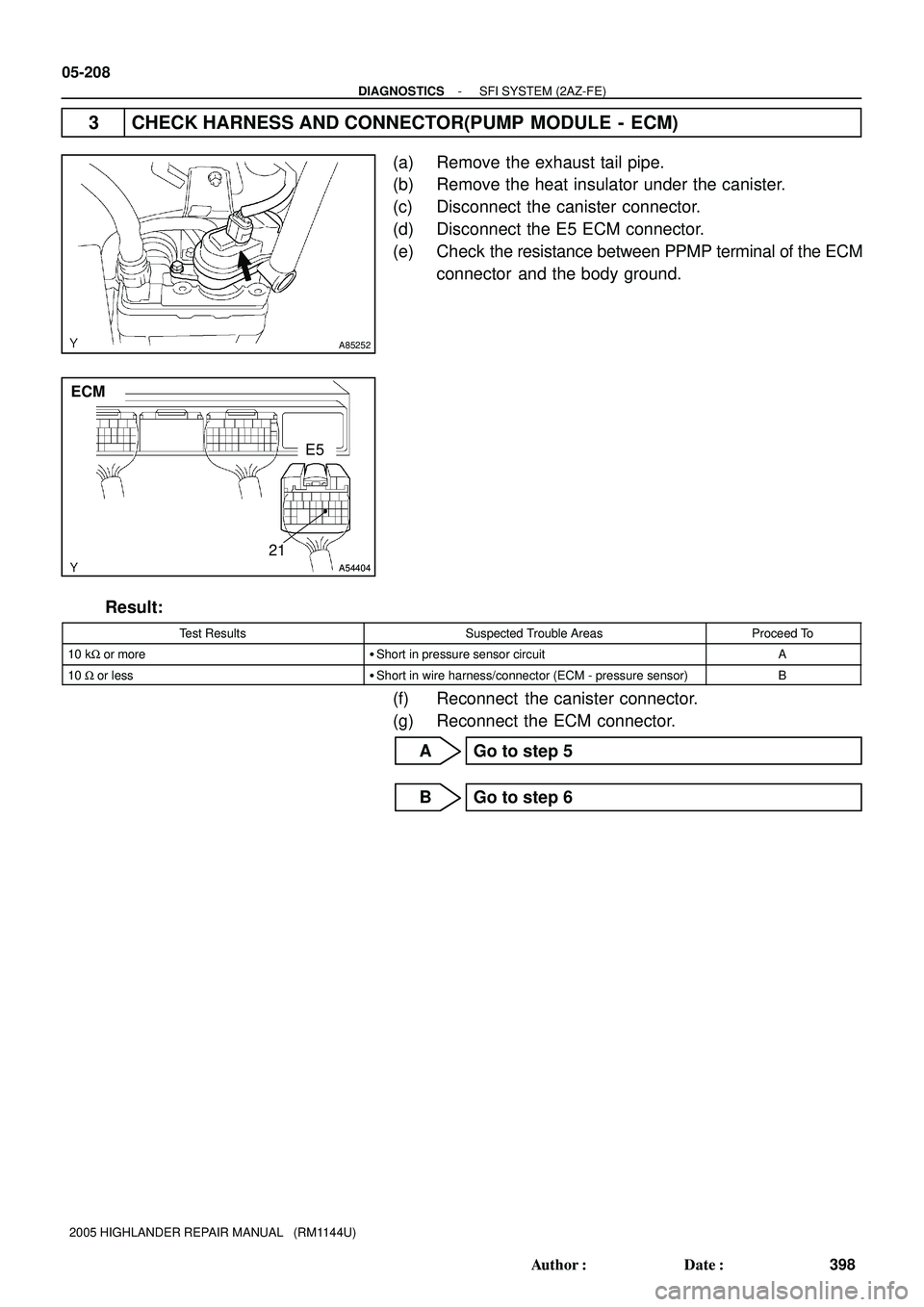 TOYOTA HIGHLANDER 2001  Service Repair Manual A85252
A54404 A54404
ECM
E5
21
05-208
- DIAGNOSTICSSFI SYSTEM (2AZ-FE)
398 Author: Date:
2005 HIGHLANDER REPAIR MANUAL   (RM1144U)
3 CHECK HARNESS AND CONNECTOR(PUMP  MODULE  -  ECM)
(a) Remove the 