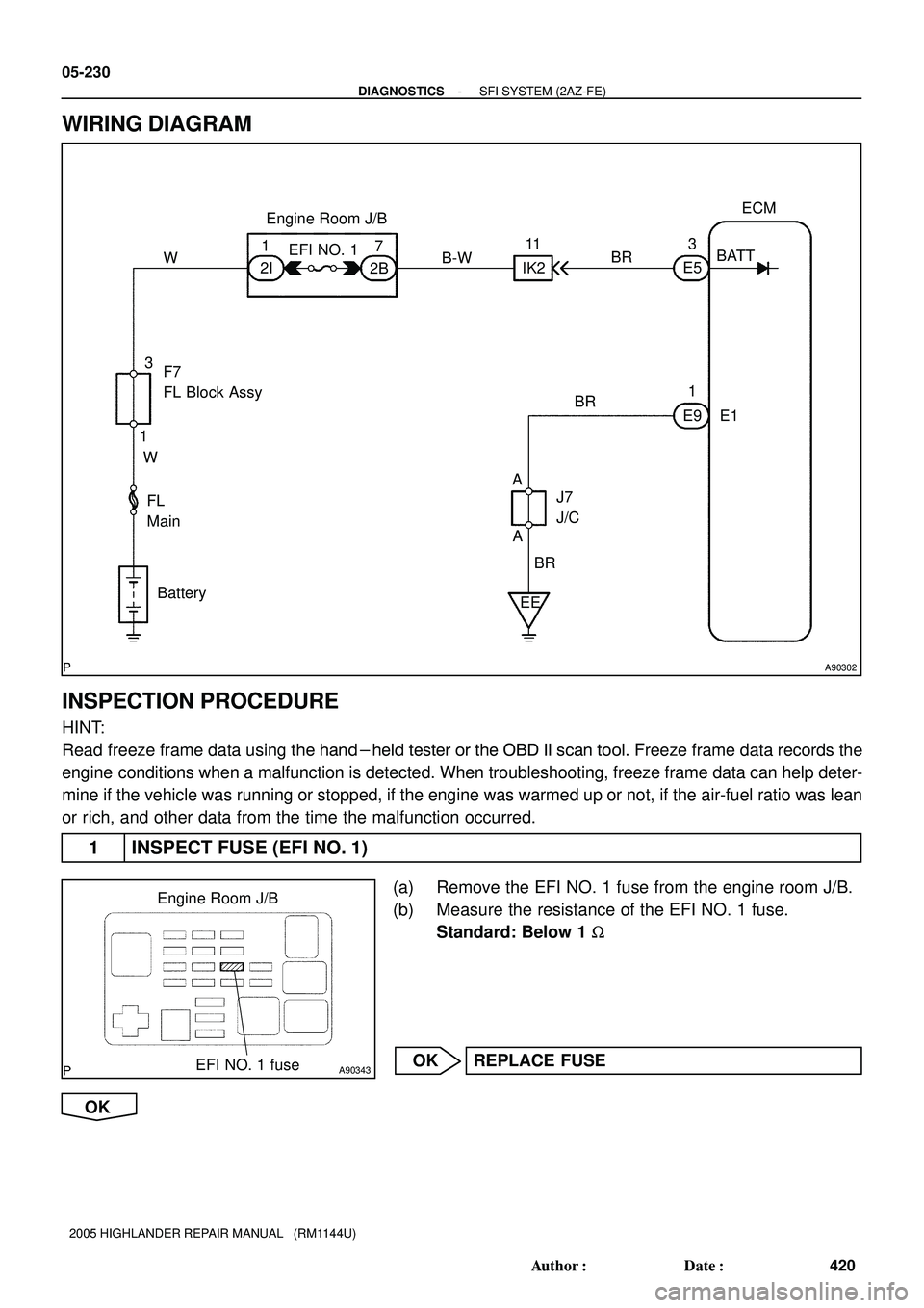 TOYOTA HIGHLANDER 2001  Service Repair Manual A90302
BATTECM
F7
FL Block Assy 32IEFI NO. 13
E5
11
BR
Battery1
E9
FL
MainE1 BR
A
A
BR
EE WEngine Room J/B
J7 
J/C W
2B7
IK211
B-W
A90343EFI NO. 1 fuse Engine Room J/B
05-230
- DIAGNOSTICSSFI SYSTEM (