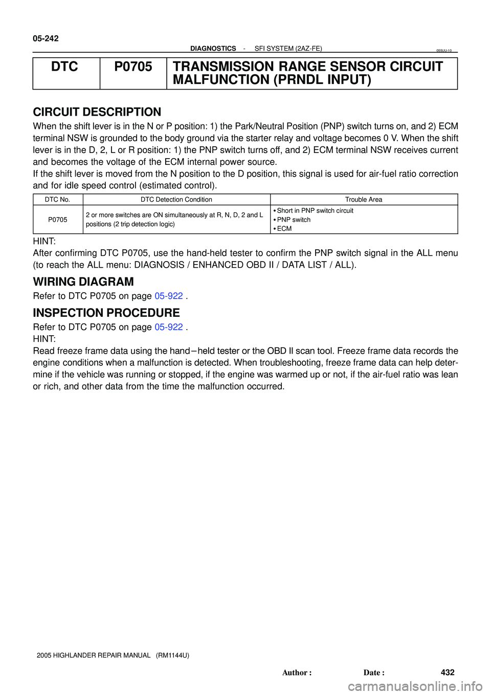 TOYOTA HIGHLANDER 2001  Service Repair Manual 05-242
- DIAGNOSTICSSFI SYSTEM (2AZ-FE)
432 Author: Date:
2005 HIGHLANDER REPAIR MANUAL   (RM1144U)
DTC P0705 TRANSMISSION RANGE SENSOR CIRCUIT
MALFUNCTION (PRNDL INPUT)
CIRCUIT DESCRIPTION
When the