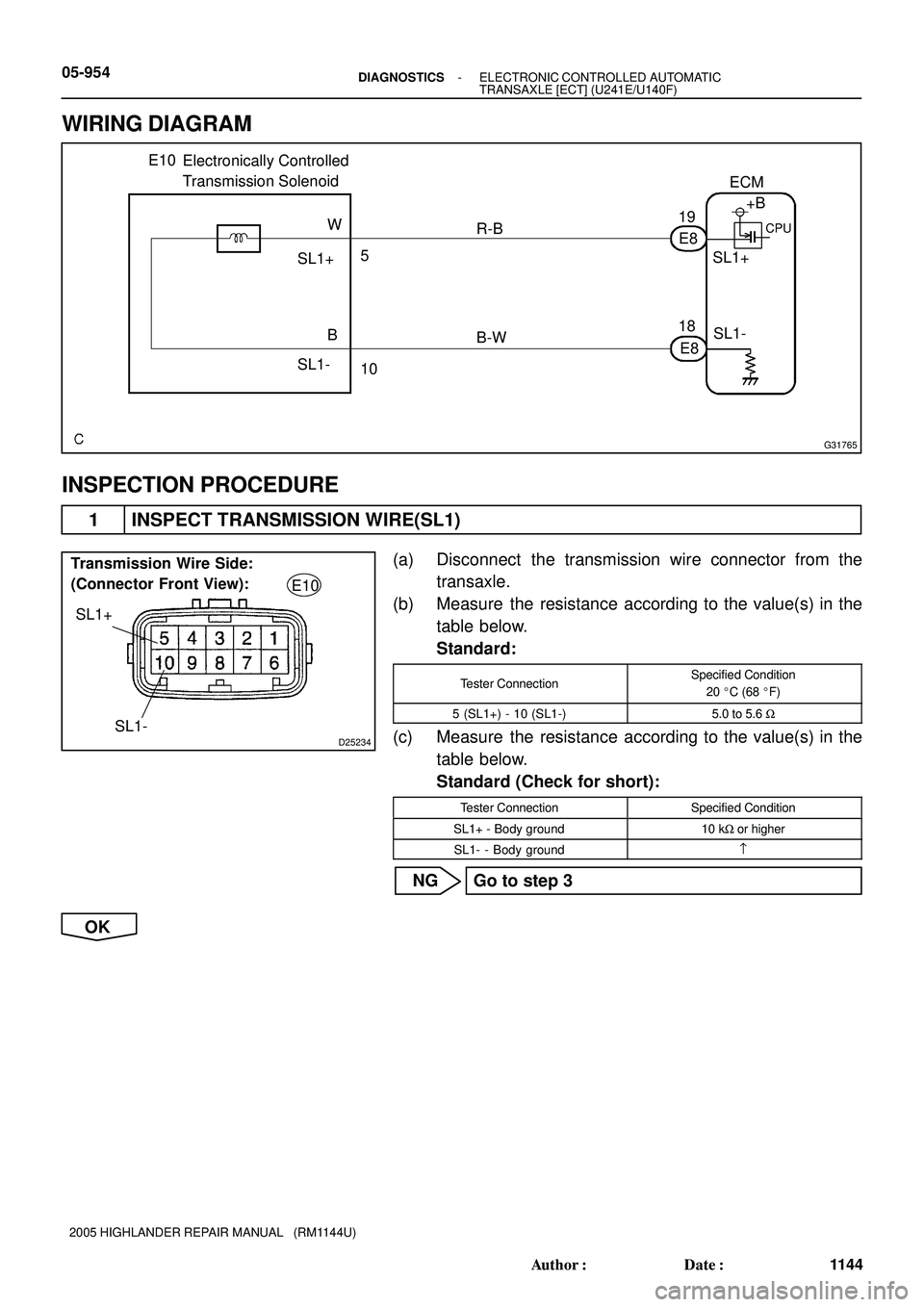 TOYOTA HIGHLANDER 2001  Service Repair Manual G31765
Electronically Controlled 
Transmission Solenoid
E8ECM
E8 R-B
B-W19
18SL1+
SL1-
B W E10
SL1+
SL1-+B
CPU
5
10
D25234
SL1+
SL1-
Transmission Wire Side:
(Connector Front View):
E10
05-954- DIAGNOS