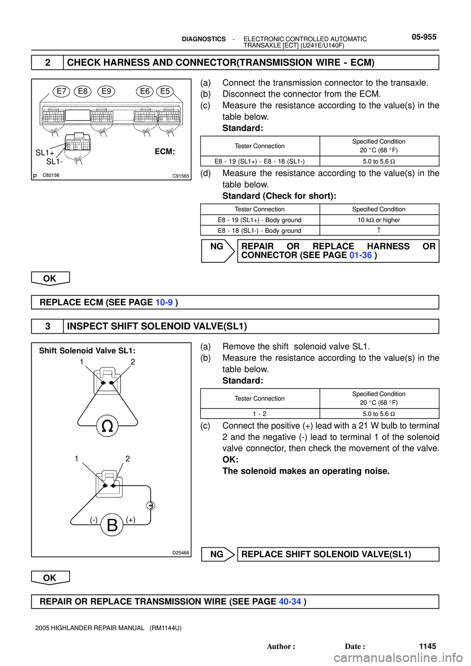 TOYOTA HIGHLANDER 2001  Service Repair Manual C82158C91565
SL1- SL1+
E7E8E9E6E5
ECM:
D25466
12
12
(+)
(-)
Shift Solenoid Valve SL1:
- DIAGNOSTICSELECTRONIC CONTROLLED AUTOMATIC
TRANSAXLE [ECT] (U241E/U140F)05-955
1145 Author: Date:
2005 HIGHLAN