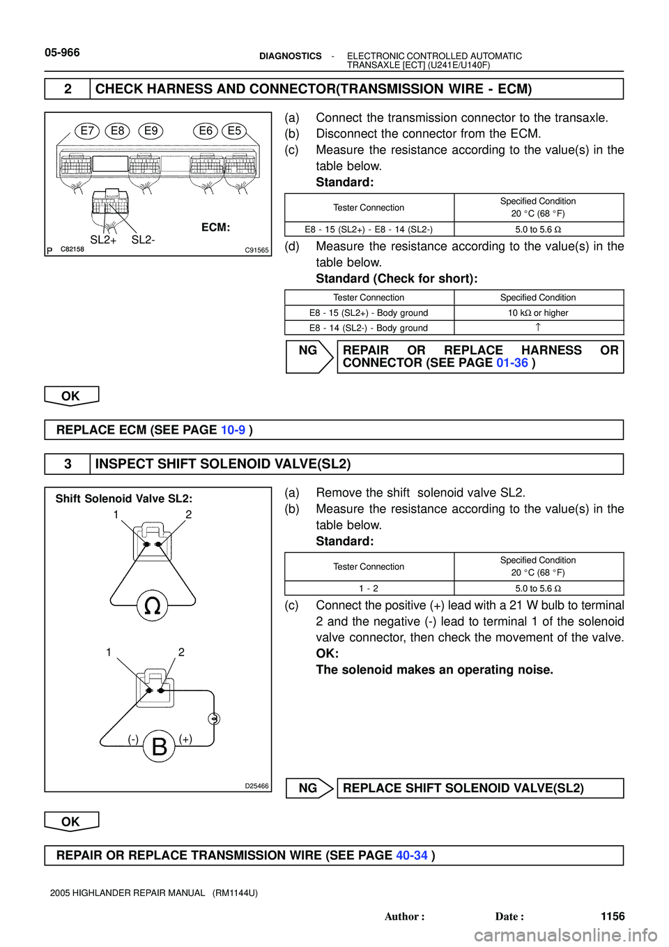 TOYOTA HIGHLANDER 2001  Service Repair Manual C82158C82158C91565SL2+ SL2-
E7E8E9E6E5
ECM:
D25466
12
12
(+)
(-)
Shift Solenoid Valve SL2:
05-966- DIAGNOSTICSELECTRONIC CONTROLLED AUTOMATIC
TRANSAXLE [ECT] (U241E/U140F)
1156 Author: Date:
2005 HI