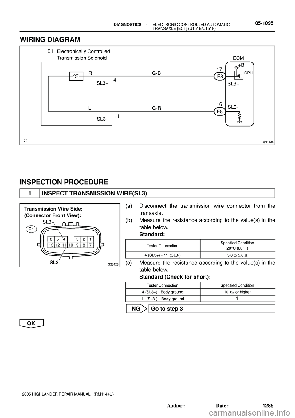 TOYOTA HIGHLANDER 2001  Service Repair Manual G31765
Electronically Controlled 
Transmission Solenoid
E8ECM
E8 G-B
G-R17
16SL3+
SL3- 4
11 R
L E1
SL3+
SL3-+B
CPU
G26426
Transmission Wire Side:
(Connector Front View):
SL3- SL3+
E1
- DIAGNOSTICSELEC