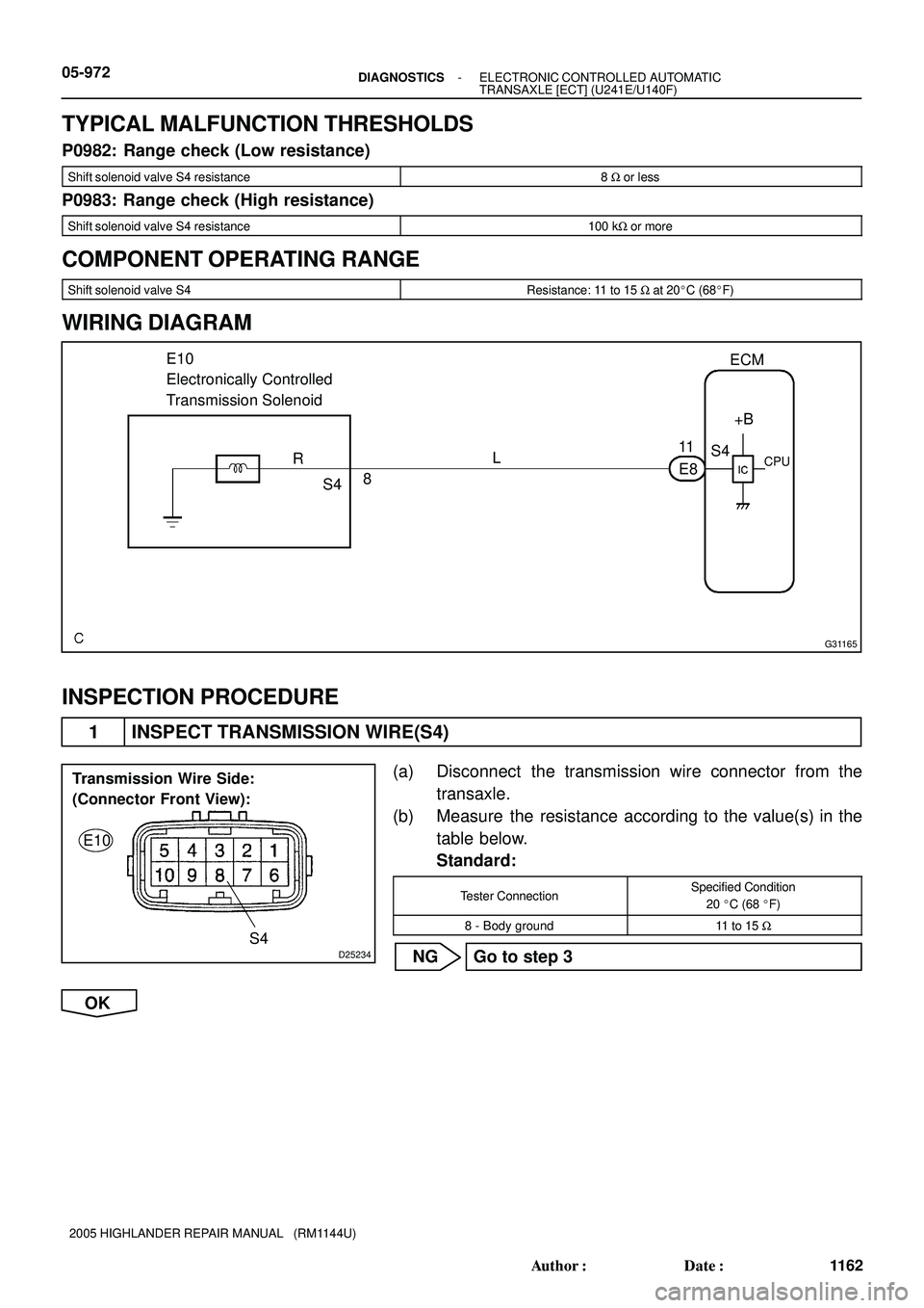TOYOTA HIGHLANDER 2001  Service Repair Manual G31165
E10 
Electronically Controlled 
Transmission SolenoidECM
11
E8S4
8 RL
S4+B
CPU
D25234S4
Transmission Wire Side:
(Connector Front View):
E10
05-972- DIAGNOSTICSELECTRONIC CONTROLLED AUTOMATIC
TR