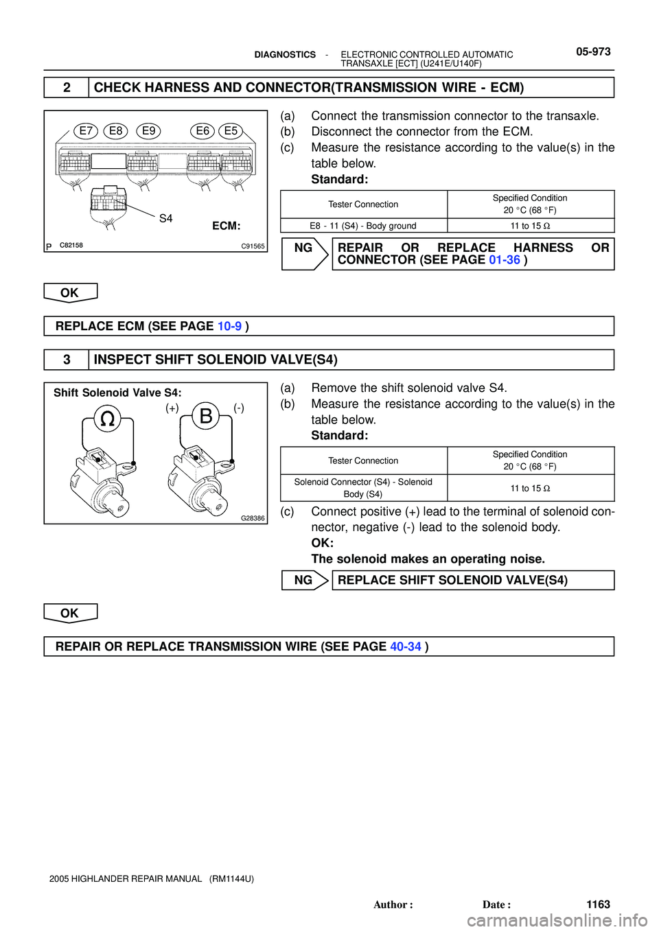 TOYOTA HIGHLANDER 2001  Service Repair Manual C82158C82158C91565
S4
E7E8E9E6E5
ECM:
G28386
Shift Solenoid Valve S4:
(+) (-)
- DIAGNOSTICSELECTRONIC CONTROLLED AUTOMATIC
TRANSAXLE [ECT] (U241E/U140F)05-973
1163 Author: Date:
2005 HIGHLANDER REPA