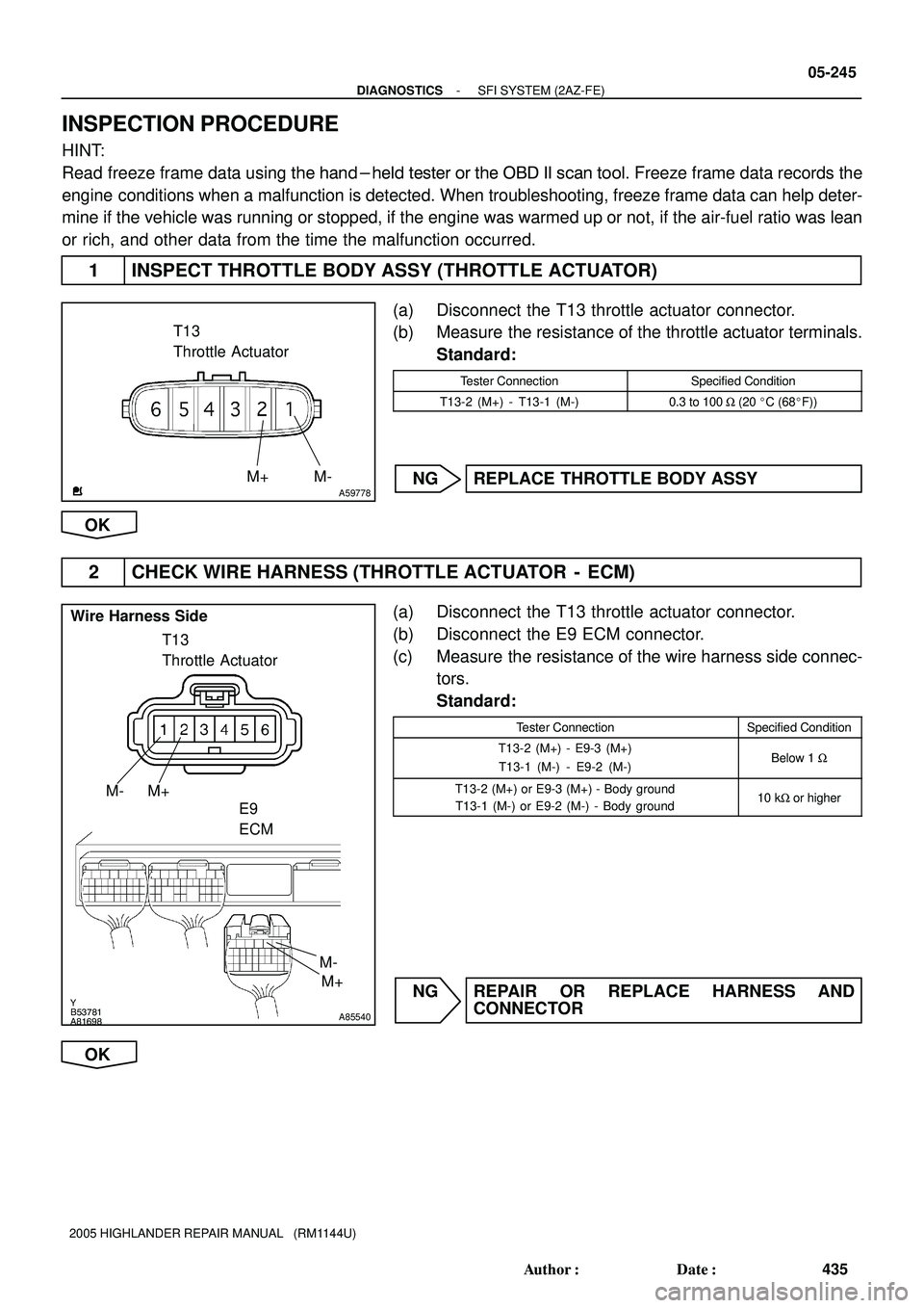 TOYOTA HIGHLANDER 2001  Service Repair Manual A59778M- M+
T13
Throttle Actuator
Y
B53781
A81698A85540
Wire Harness Side
M+
M-
E9
ECM
M+ M-
T13
Throttle Actuator
- DIAGNOSTICSSFI SYSTEM (2AZ-FE)
05-245
435 Author: Date:
2005 HIGHLANDER REPAIR MA