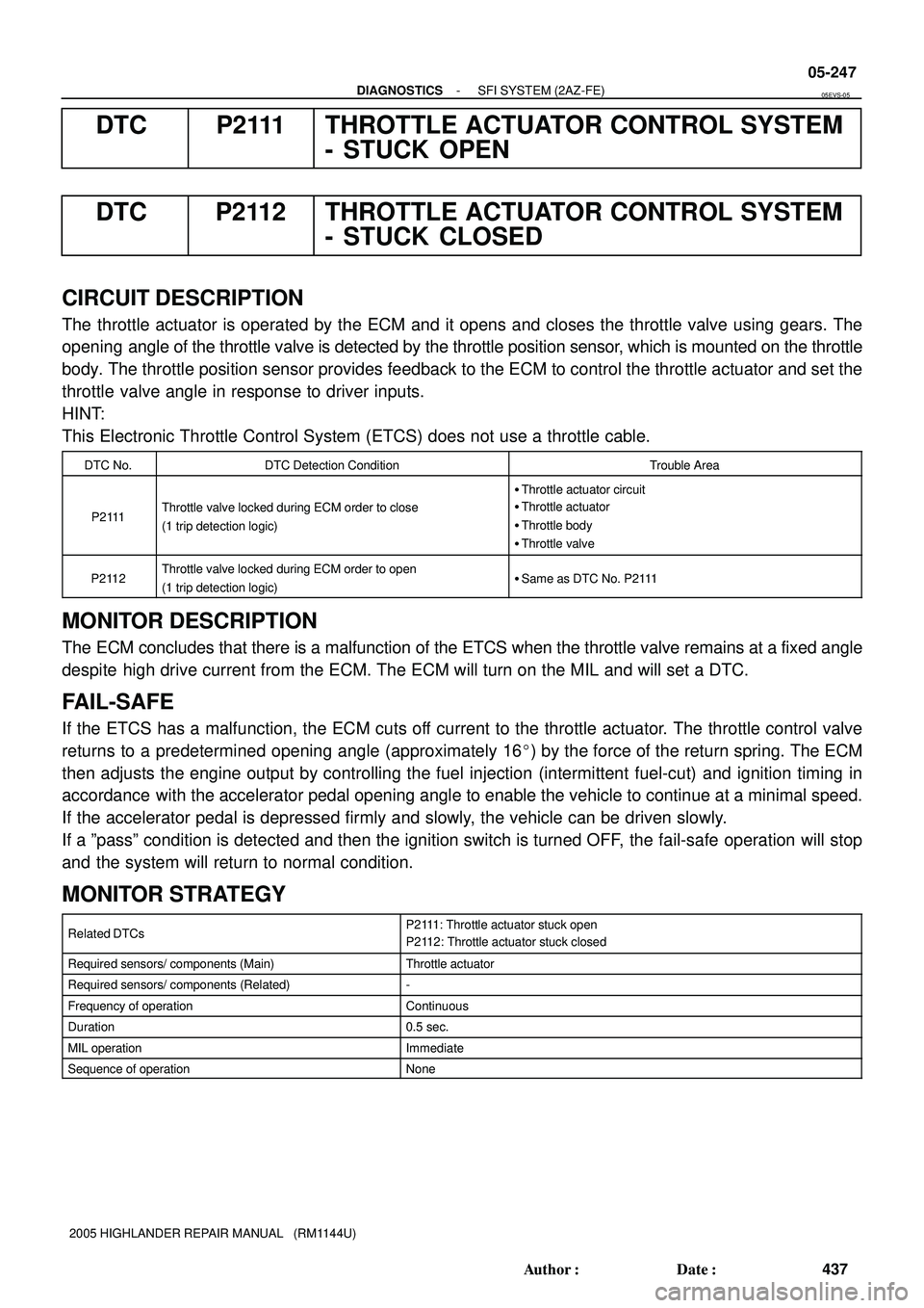 TOYOTA HIGHLANDER 2001  Service Repair Manual - DIAGNOSTICSSFI SYSTEM (2AZ-FE)
05-247
437 Author: Date:
2005 HIGHLANDER REPAIR MANUAL   (RM1144U)
DTC P2111 THROTTLE ACTUATOR CONTROL SYSTEM
- STUCK OPEN
DTC P2112 THROTTLE ACTUATOR CONTROL SYSTEM