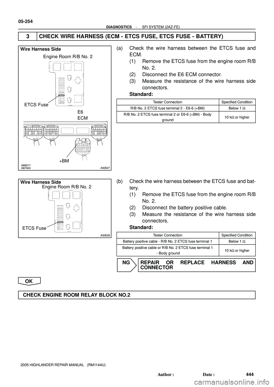 TOYOTA HIGHLANDER 2001  Service Repair Manual A80017
A67404A92627
ETCS Fuse
+BME6
ECM
Engine Room R/B No. 2 Wire Harness Side
A92628
ETCS FuseEngine Room R/B No. 2 Wire Harness Side
05-254
- DIAGNOSTICSSFI SYSTEM (2AZ-FE)
444 Author: Date:
2005