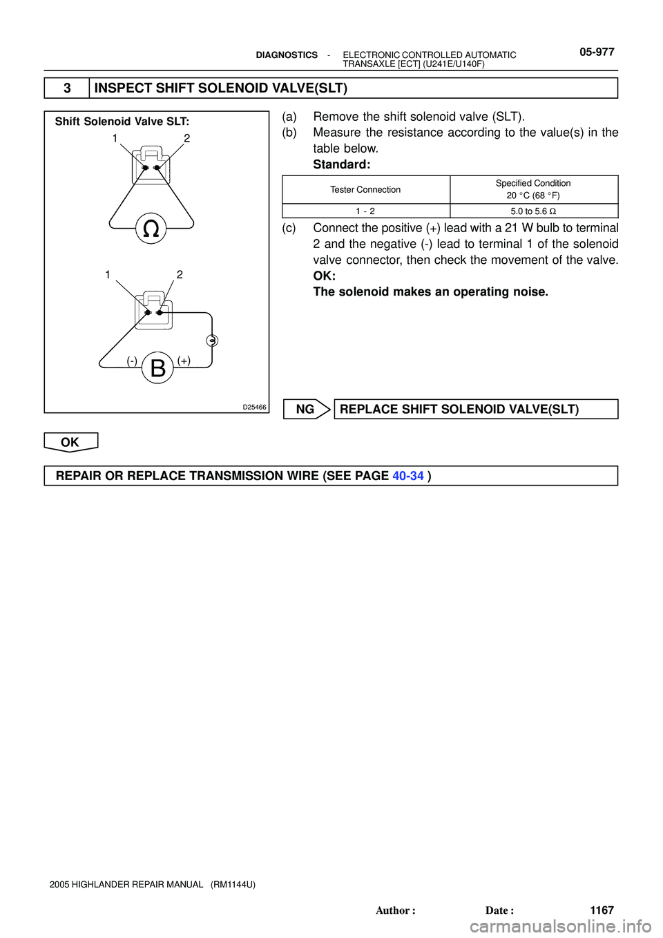 TOYOTA HIGHLANDER 2001  Service Repair Manual D25466
12
12
(+)
(-)
Shift Solenoid Valve SLT:
- DIAGNOSTICSELECTRONIC CONTROLLED AUTOMATIC
TRANSAXLE [ECT] (U241E/U140F)05-977
1167 Author: Date:
2005 HIGHLANDER REPAIR MANUAL   (RM1144U)
3 INSPECT