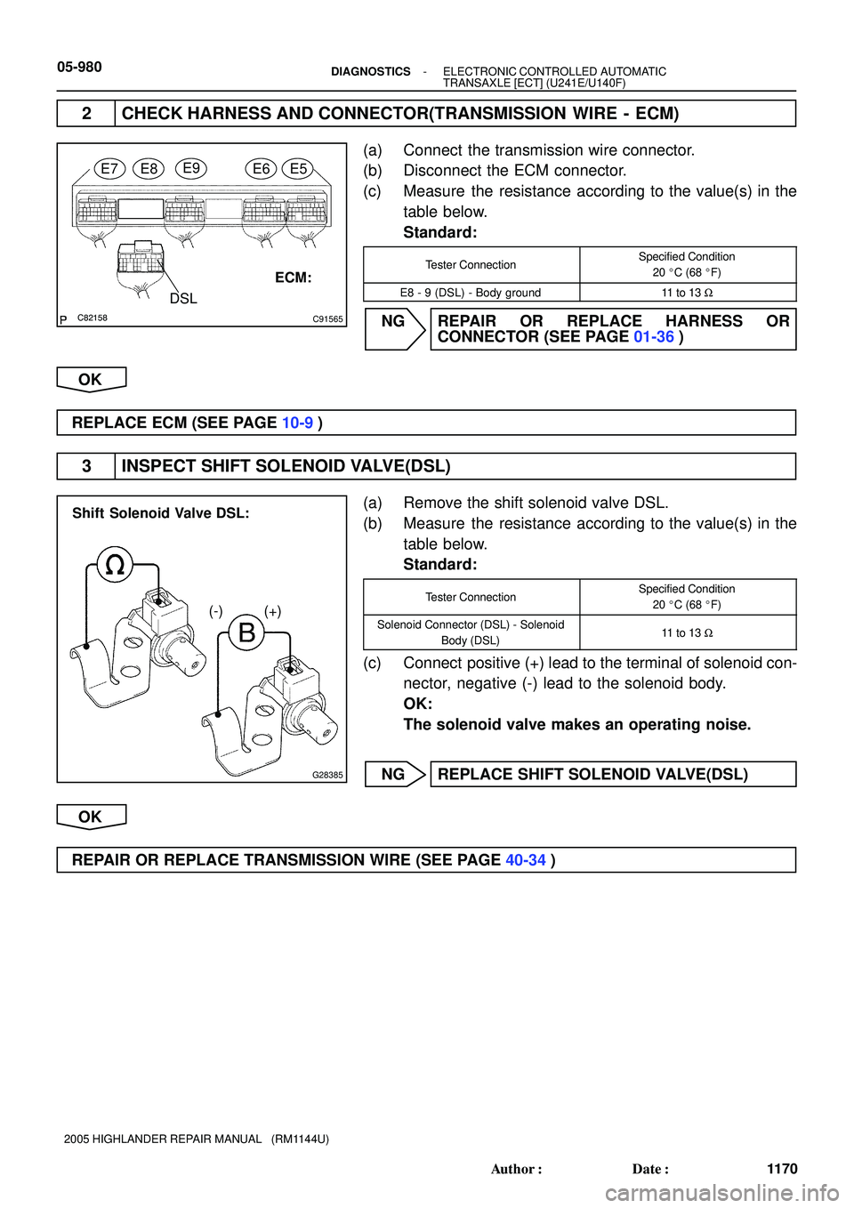 TOYOTA HIGHLANDER 2001  Service Repair Manual C82158C91565
DSL
E7E8E9E6E5
ECM:
G28385
(+) (-) Shift Solenoid Valve DSL:
05-980- DIAGNOSTICSELECTRONIC CONTROLLED AUTOMATIC
TRANSAXLE [ECT] (U241E/U140F)
1170 Author: Date:
2005 HIGHLANDER REPAIR M