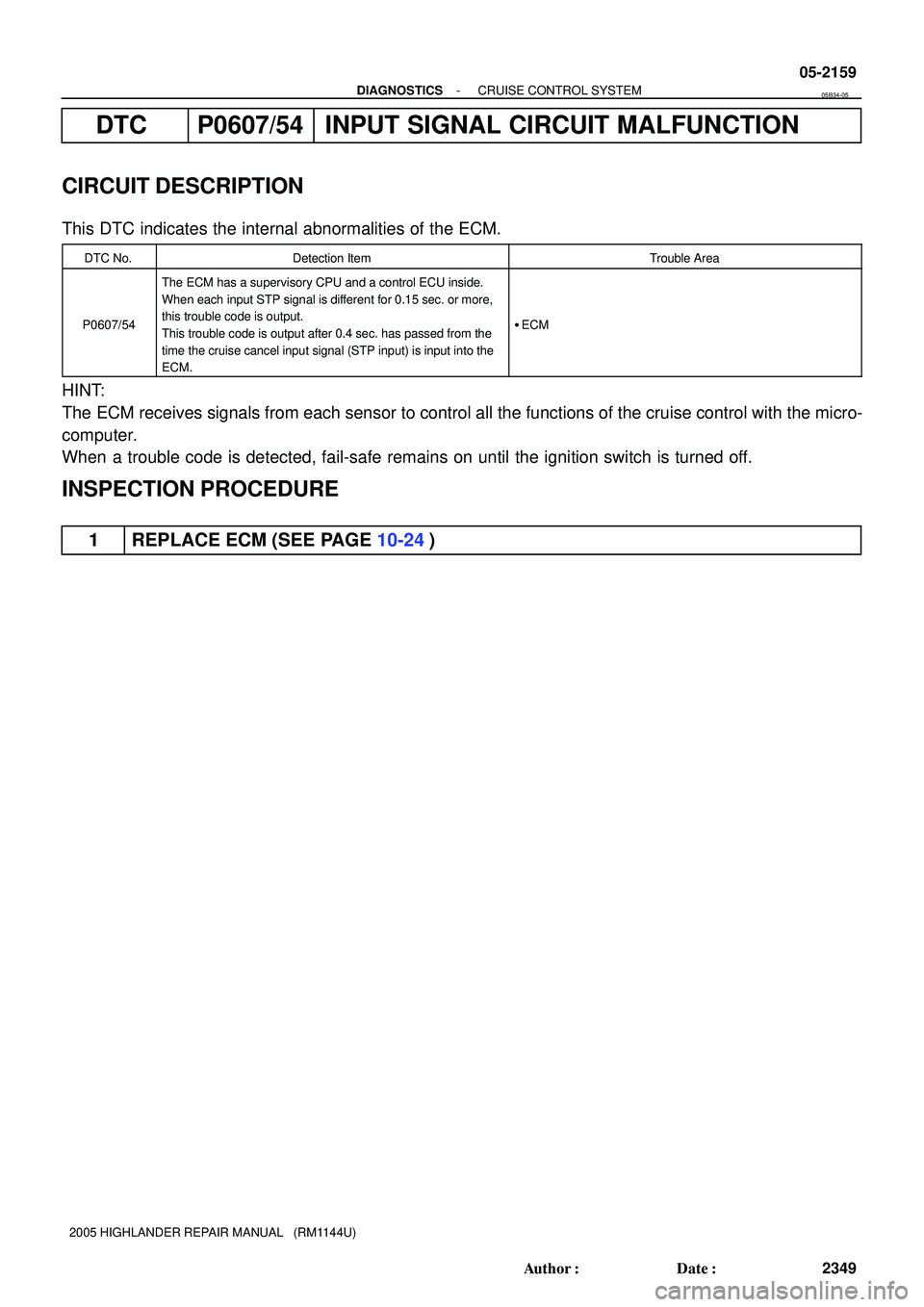 TOYOTA HIGHLANDER 2001  Service Repair Manual - DIAGNOSTICSCRUISE CONTROL SYSTEM
05-2159
2349 Author: Date:
2005 HIGHLANDER REPAIR MANUAL   (RM1144U)
DTC P0607/54 INPUT SIGNAL CIRCUIT MALFUNCTION
CIRCUIT DESCRIPTION
This DTC indicates the inter