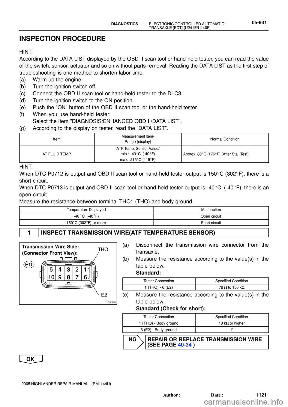 TOYOTA HIGHLANDER 2001  Service Repair Manual C54864
THO
E2 Transmission Wire Side:
(Connector Front View):
E10
- DIAGNOSTICSELECTRONIC CONTROLLED AUTOMATIC
TRANSAXLE [ECT] (U241E/U140F)05-931
1121 Author: Date:
2005 HIGHLANDER REPAIR MANUAL   