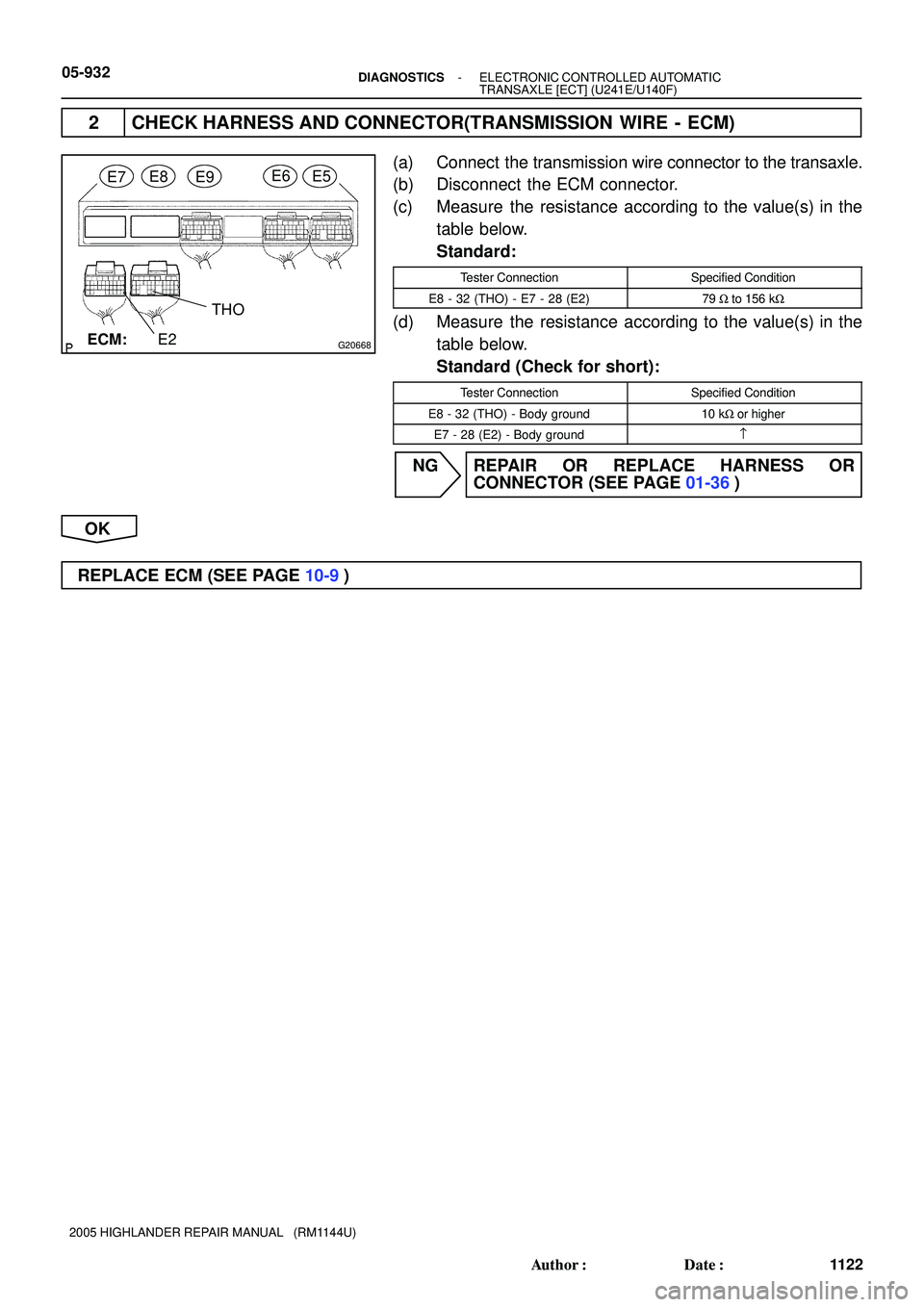 TOYOTA HIGHLANDER 2001  Service Repair Manual G20668
THO
E2
E7E8E9E6E5
ECM:
05-932- DIAGNOSTICSELECTRONIC CONTROLLED AUTOMATIC
TRANSAXLE [ECT] (U241E/U140F)
1122 Author: Date:
2005 HIGHLANDER REPAIR MANUAL   (RM1144U)
2 CHECK HARNESS AND CONNEC