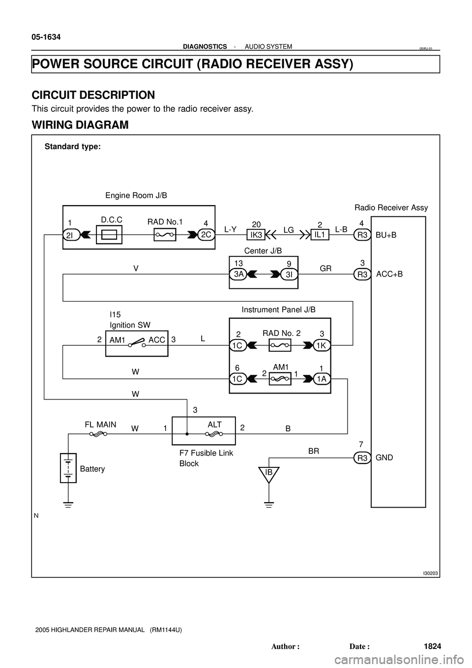 TOYOTA HIGHLANDER 2001  Service Repair Manual I30203
Radio Receiver Assy
BatteryR3ACC+B R34
BU+B
3
R3GND 7 IL1
IK320
2 4
2C 1
2I
V13
3A9
3I
AM1ACC3L
W
ALT
B
BR
IB 2
1C
1C63
1K
1
1A RAD No. 2
AM1
FL MAINGR
W
W1 2D.C.C
RAD No.1
I15
Ignition SW
F7 F
