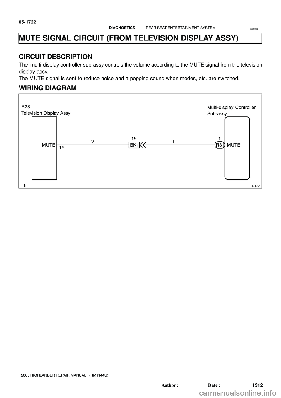 TOYOTA HIGHLANDER 2001  Service Repair Manual I34951
R28 
Television Display AssyMulti-display Controller 
Sub-assy
R311
BK115
15VL
MUTEMUTE 05-1722
- DIAGNOSTICSREAR SEAT ENTERTAINMENT SYSTEM
1912 Author: Date:
2005 HIGHLANDER REPAIR MANUAL   