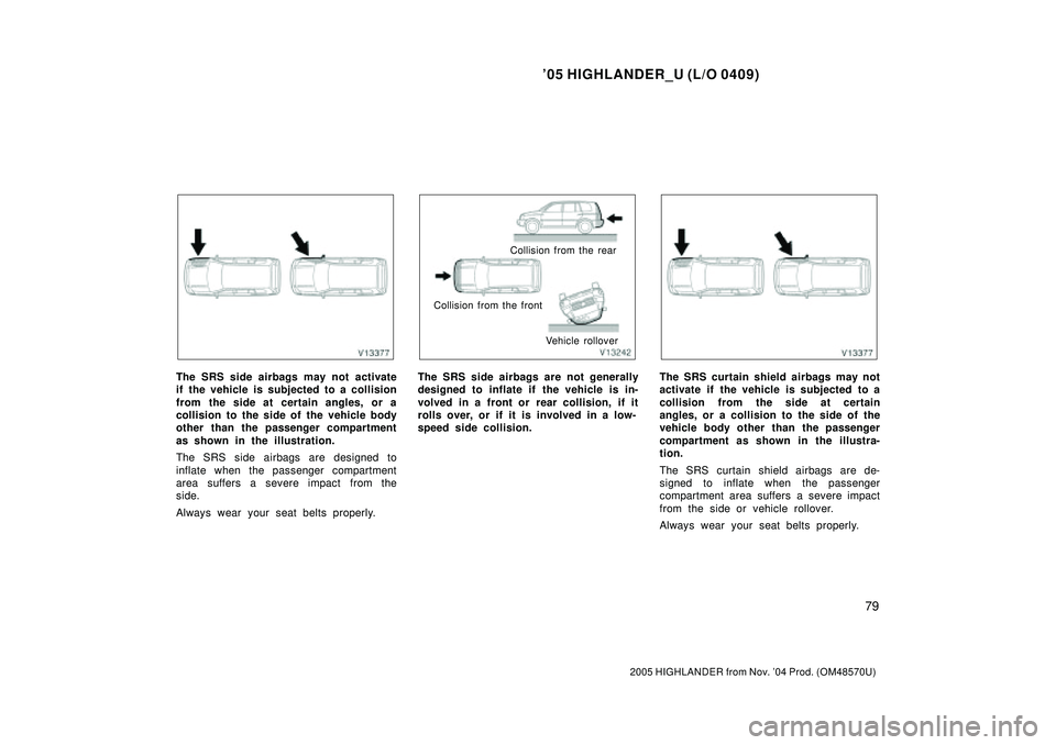 TOYOTA HIGHLANDER 2001  Service Repair Manual 05 HIGHLANDER_U (L/O 0409)
79
2005 HIGHLANDER from Nov. 04 Prod. (OM48570U)
The SRS side airbags may not activate
if the vehicle is subjected to a collision
from the side at certain angles, or a
col