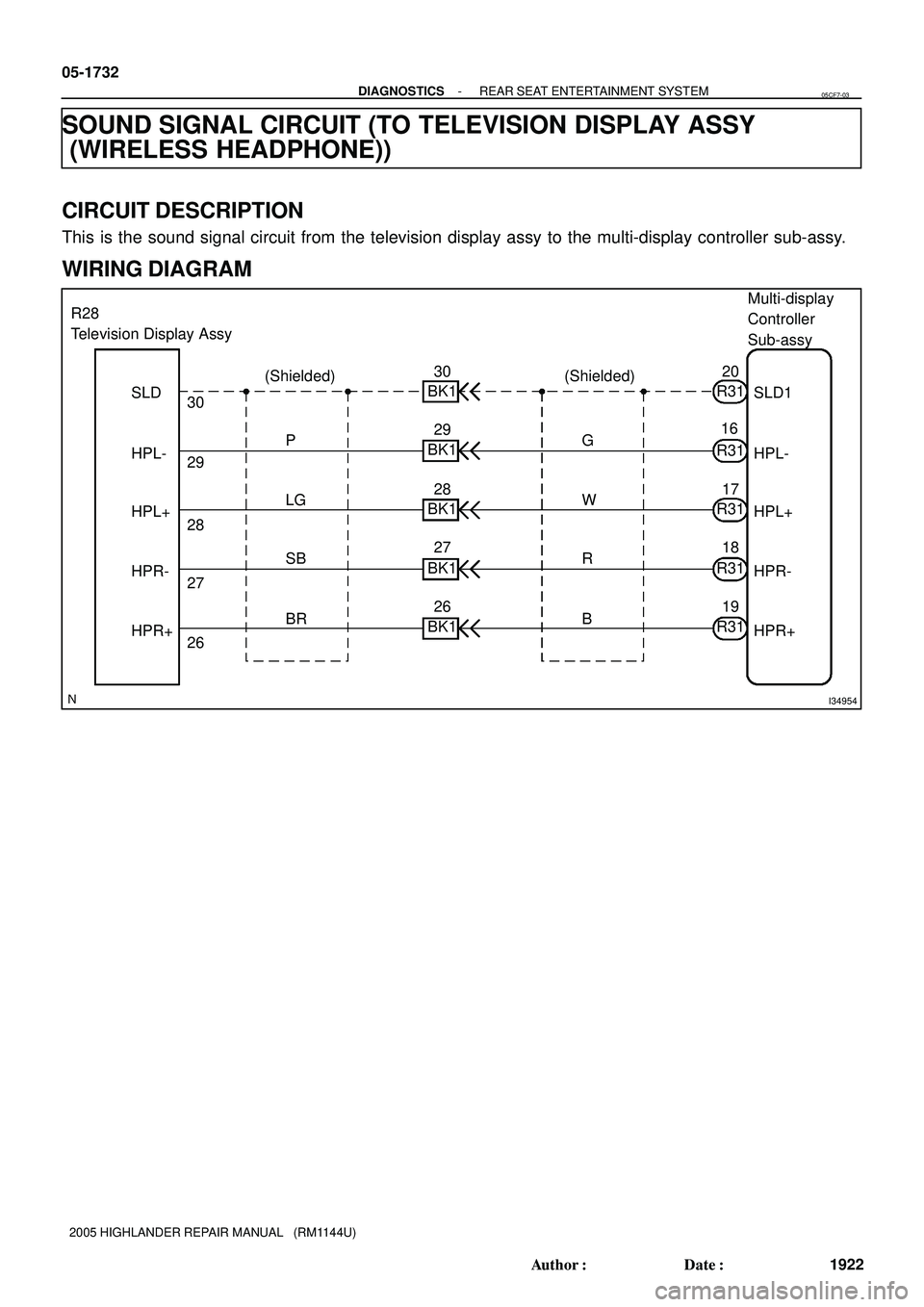 TOYOTA HIGHLANDER 2001  Service Repair Manual I34954
Multi-display 
Controller 
Sub-assy
(Shielded)
R31 R28 
Television Display Assy
BK1(Shielded)
SLD
HPL-
HPL+
HPR-
HPR+30
29
28
27
26P
LG
SB
BR BR W G20
16
17
18
19 26 27 28 29 30
SLD1
HPL-
HPL+
