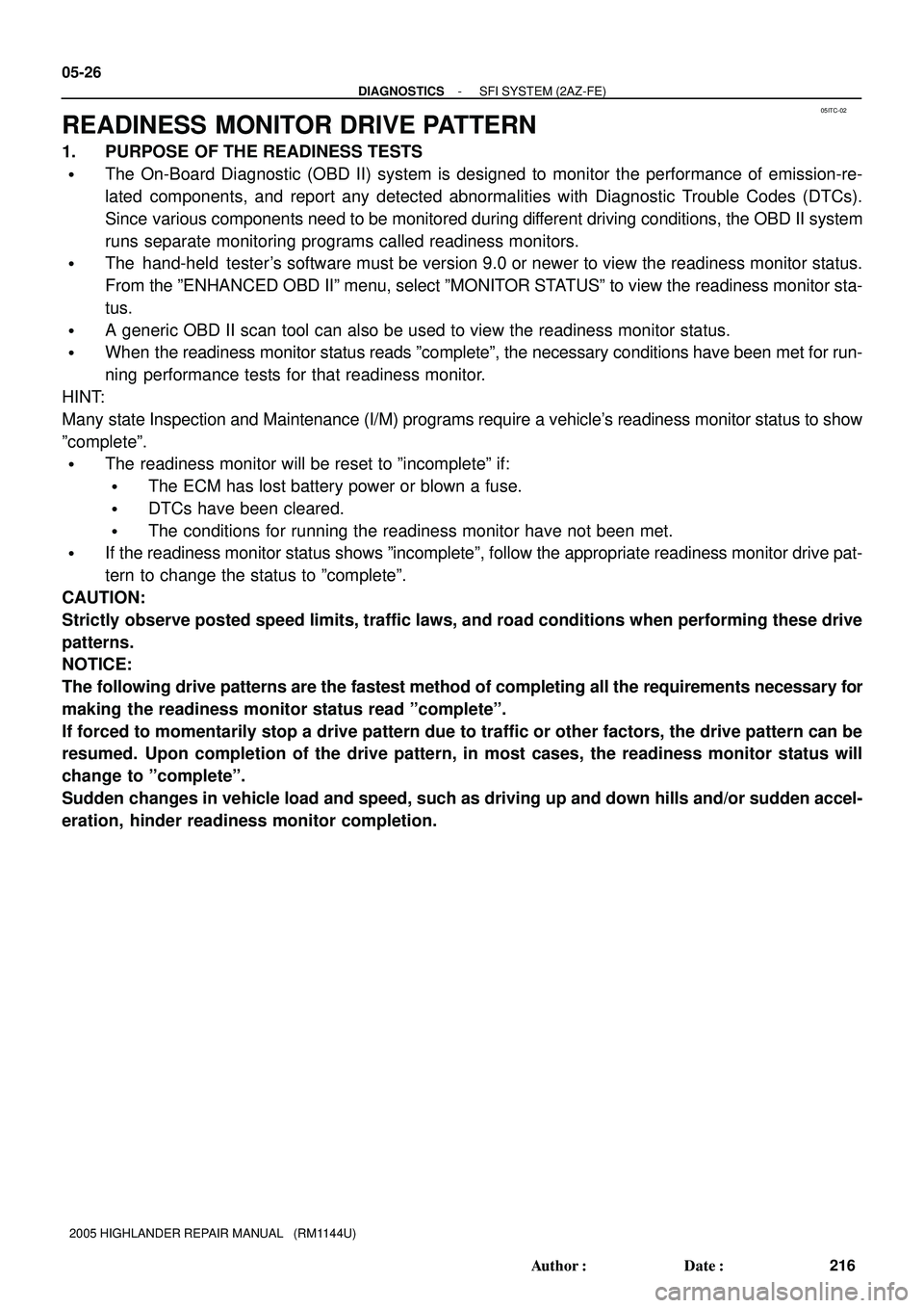 TOYOTA HIGHLANDER 2001  Service Repair Manual 05ITC-02
05-26
- DIAGNOSTICSSFI SYSTEM (2AZ-FE)
216 Author: Date:
2005 HIGHLANDER REPAIR MANUAL   (RM1144U)
READINESS MONITOR DRIVE PATTERN
1. PURPOSE OF THE READINESS TESTS
The On-Board Diagnostic