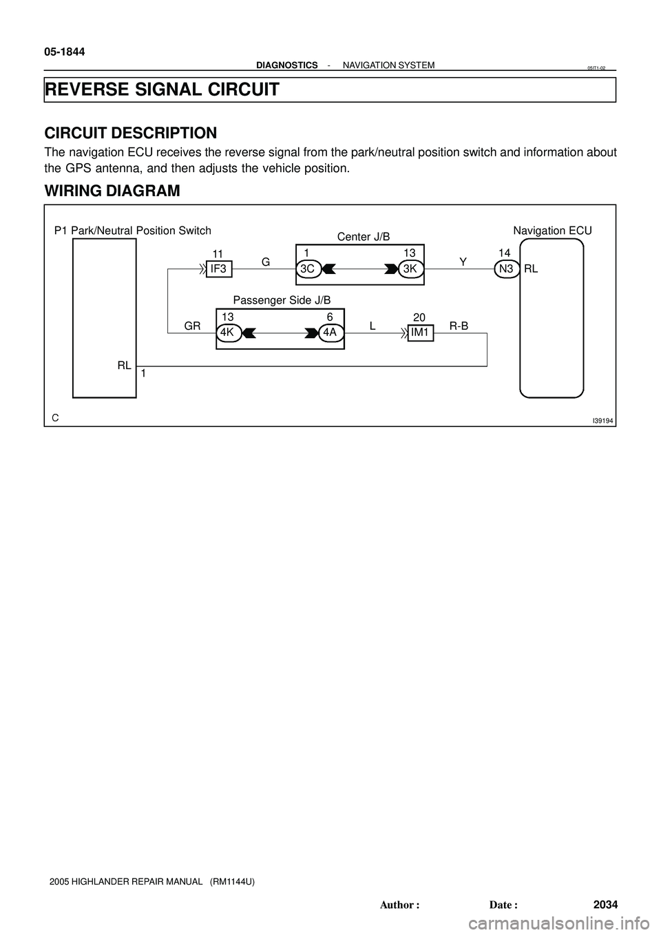 TOYOTA HIGHLANDER 2001  Service Repair Manual I39194
P1 Park/Neutral Position Switch
Center J/BNavigation ECU
Passenger Side J/BN3 RL 14
Y
3K 13
3C1
G
IF311
GR
4K13
4A6
L
IM120
R-B
1 RL 05-1844
- DIAGNOSTICSNAVIGATION SYSTEM
2034 Author: Date:
