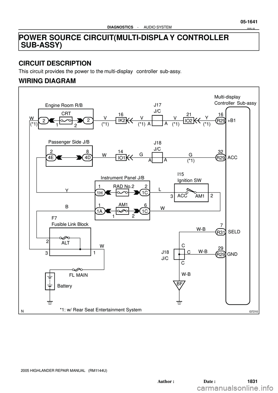 TOYOTA HIGHLANDER 2001  Service Repair Manual I37210
Multi-display
Controller Sub-assy
+B1
ACC
SELD
GND Y
R29
R29
R31
R2916
IO221
IK2 16 Engine Room R/B
2
2CRT
V V V
A
AJ17
J/C
2 1
Passenger Side J/B
8 2
4D 4E14
IO1G G
W
A
AJ18
J/C
32
Instrument 