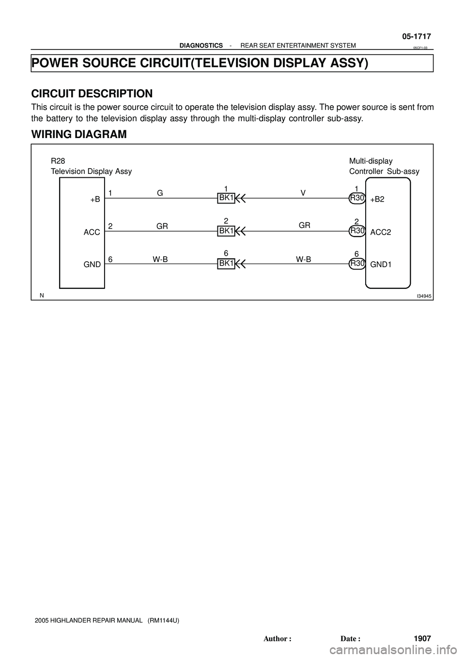 TOYOTA HIGHLANDER 2001  Service Repair Manual I34945
Multi-display
Controller Sub-assy R28 
Television Display Assy
ACC
GND1
2
6G
GR
W-B1
6 2V
GR
6 2 1
+B2
ACC2
GND1 +B
W-B BK1
R30
R30
R30 BK1
BK1
- DIAGNOSTICSREAR SEAT ENTERTAINMENT SYSTEM
05-17