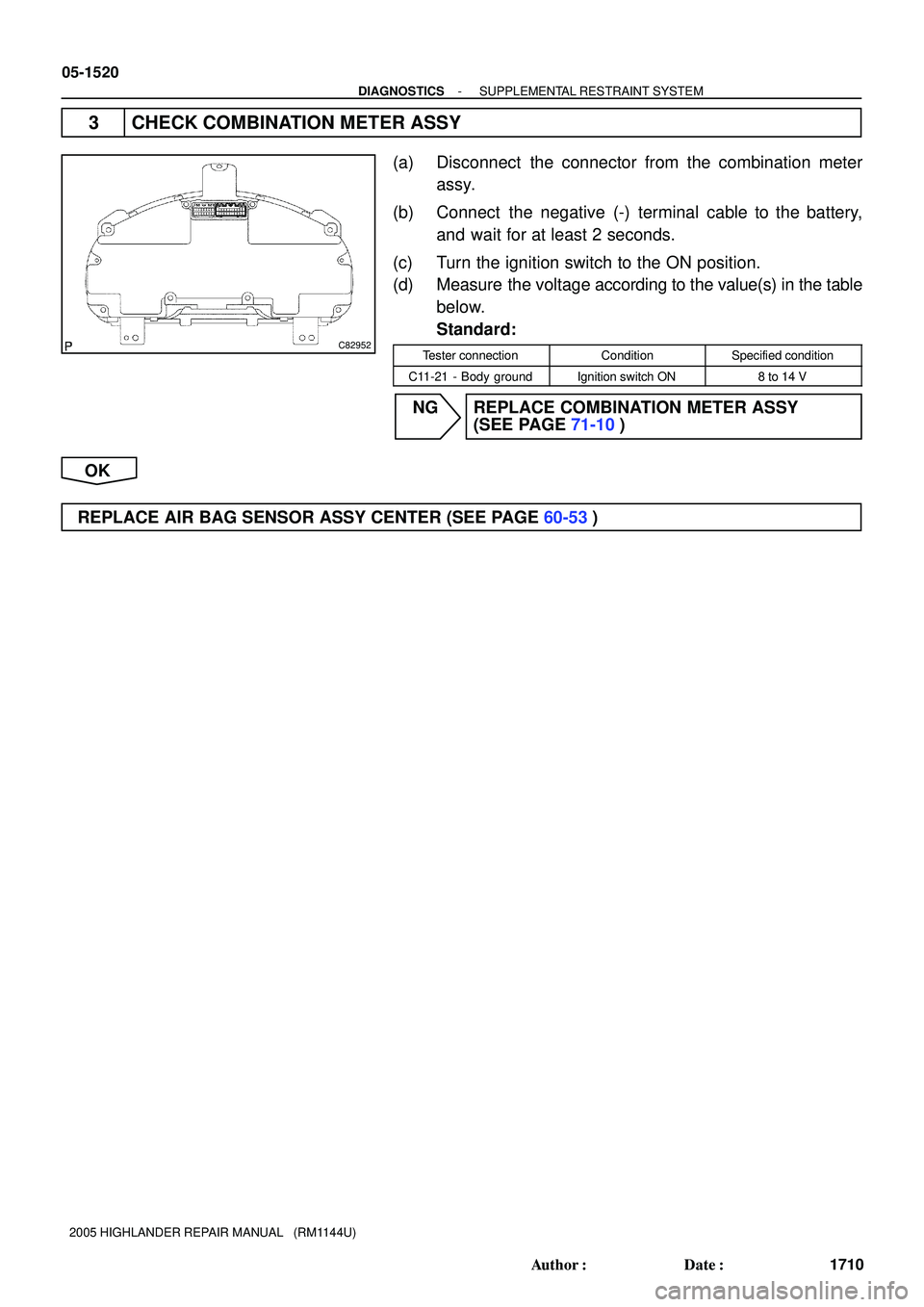TOYOTA HIGHLANDER 2001  Service Repair Manual C82952
05-1520
- DIAGNOSTICSSUPPLEMENTAL RESTRAINT SYSTEM
1710 Author: Date:
2005 HIGHLANDER REPAIR MANUAL   (RM1144U)
3 CHECK COMBINATION METER ASSY
(a) Disconnect  the connector from the combinati