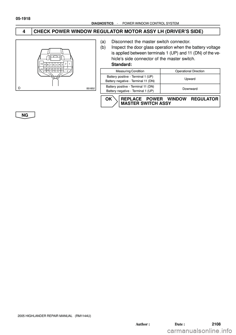 TOYOTA HIGHLANDER 2001  Service Repair Manual B51852
05-1918
- DIAGNOSTICSPOWER WINDOW CONTROL SYSTEM
2108 Author: Date:
2005 HIGHLANDER REPAIR MANUAL   (RM1144U)
4 CHECK POWER WINDOW REGULATOR MOTOR ASSY LH (DRIVERS SIDE)
(a) Disconnect  the 