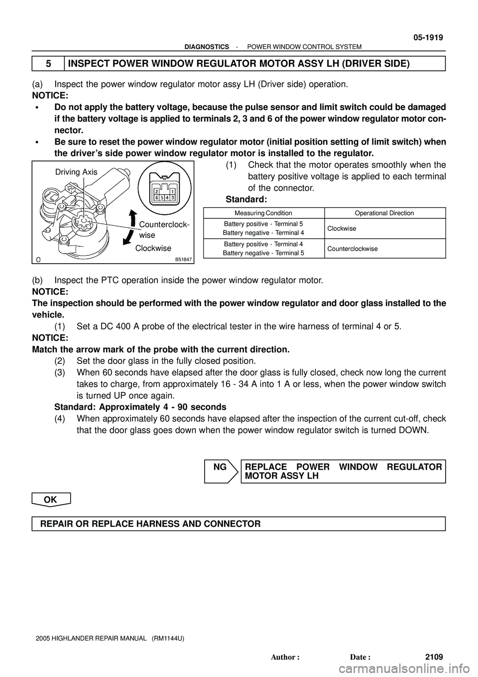 TOYOTA HIGHLANDER 2001  Service Repair Manual B51847
Driving Axis
ClockwiseCounterclock-
wise
- DIAGNOSTICSPOWER WINDOW CONTROL SYSTEM
05-1919
2109 Author: Date:
2005 HIGHLANDER REPAIR MANUAL   (RM1144U)
5 INSPECT POWER WINDOW REGULATOR MOTOR A