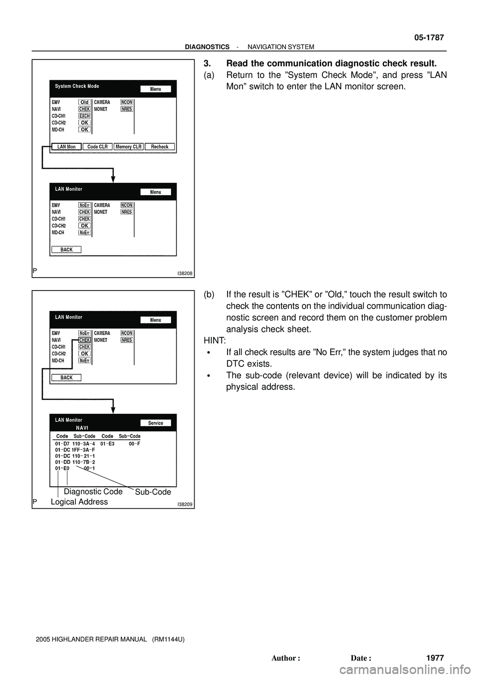 TOYOTA HIGHLANDER 2001  Service Repair Manual I38208
I38209
Sub-Code Diagnostic Code
Logical Address
- DIAGNOSTICSNAVIGATION SYSTEM
05-1787
1977 Author: Date:
2005 HIGHLANDER REPAIR MANUAL   (RM1144U)
3. Read the communication diagnostic check 