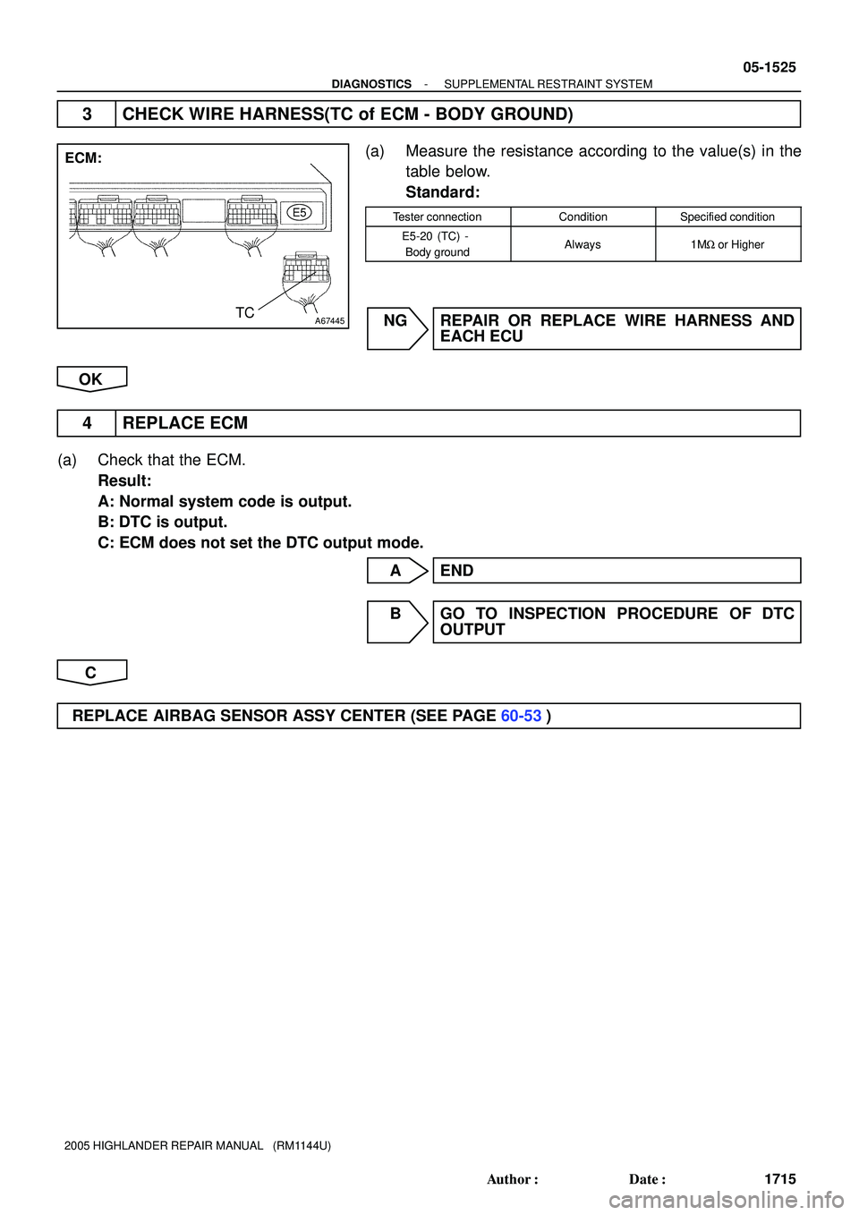 TOYOTA HIGHLANDER 2001  Service Repair Manual A67445
ECM:
TC
E5
- DIAGNOSTICSSUPPLEMENTAL RESTRAINT SYSTEM
05-1525
1715 Author: Date:
2005 HIGHLANDER REPAIR MANUAL   (RM1144U)
3 CHECK WIRE HARNESS(TC of ECM - BODY GROUND)
(a) Measure the resist