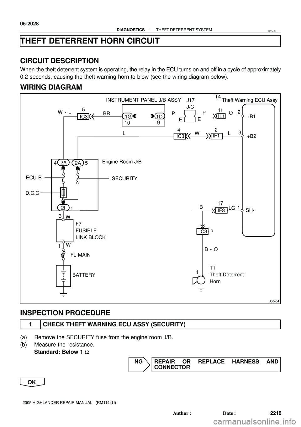 TOYOTA HIGHLANDER 2001  Service Repair Manual B80404
2A1G IC3
BATTERY FL MAIN W W
F7
FUSIBLE
LINK BLOCKEngine Room J/B
SECURITY ECU-B
D.C.C
3
12I
1 W - L5
BR
109 INSTRUMENT PANEL J/B ASSY
2A 451DP
EE J17
J/C
P11
IL1O2 Theft Warning ECU Assy T4
+B