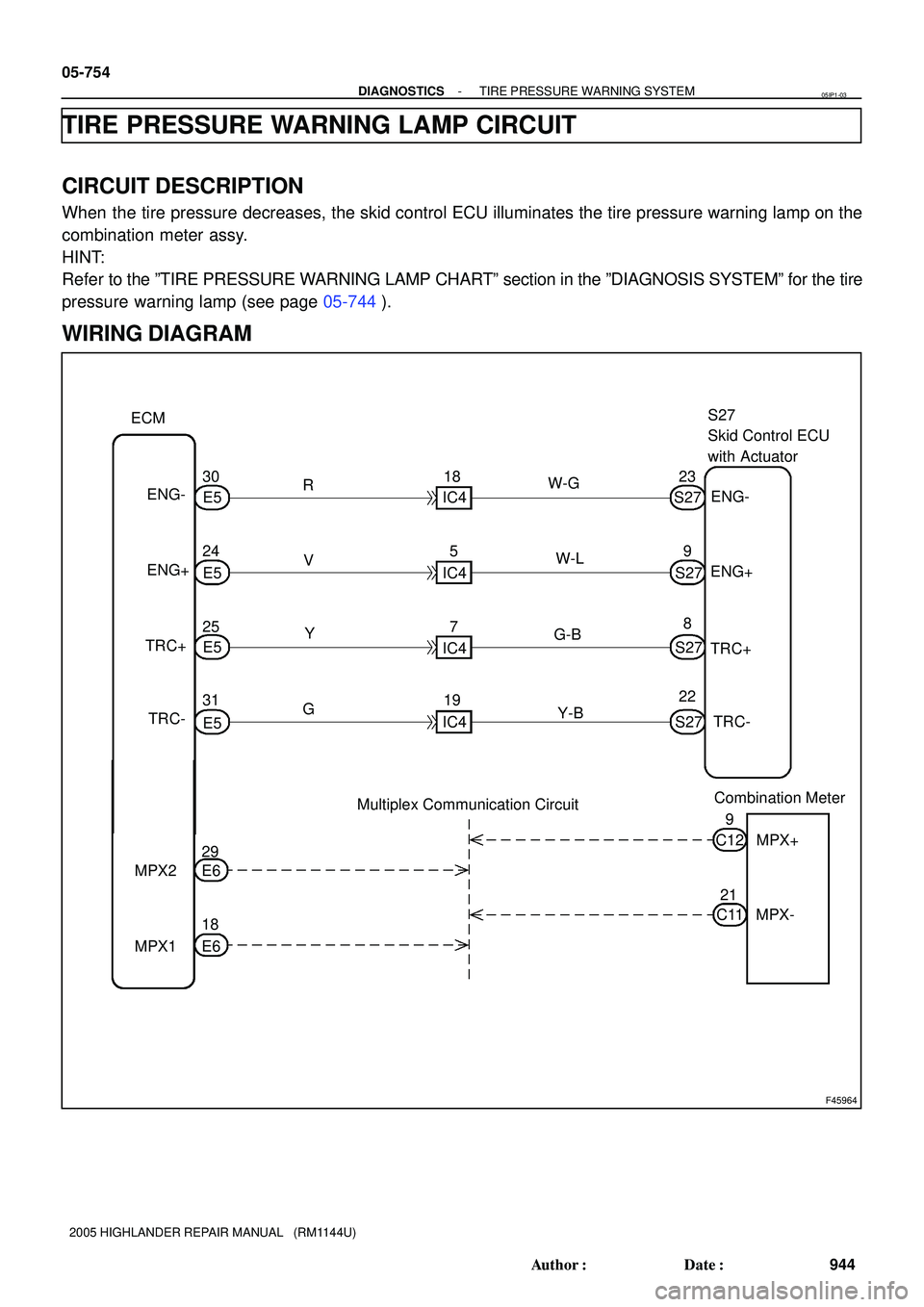 TOYOTA HIGHLANDER 2001  Service Repair Manual F45964
ENG- 23
W-LS27
5S27
Skid Control ECU 
with Actuator
ENG+ 9 18
IC4
9
21 C12
C11 Combination Meter
Multiplex Communication Circuit ECM
E5 30
E5 24
E6 29
E6 18 ENG-
ENG+
MPX2
MPX1V RW-G
7
Y
G-B
G
