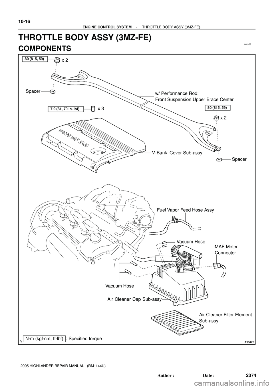 TOYOTA HIGHLANDER 2001  Service Repair Manual 100IU-03
A93427N´m (kgf´cm, ft´lbf) : Specified torque
7.9 (81, 70 in.Vlbf)x 3
V-Bank  Cover Sub-assy
Vacuum Hose
Air Cleaner Filter Element 
Sub-assy Air Cleaner Cap Sub-assyMAF Meter 
Connector F