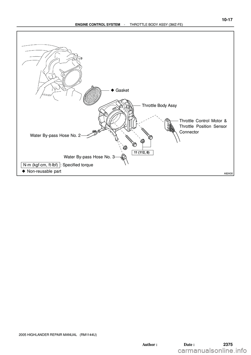 TOYOTA HIGHLANDER 2001  Service Repair Manual A82430 Non-reusable part
N´m (kgf´cm, ft´lbf) : Specified torque Gasket
Throttle Body Assy
Water By-pass Hose No. 2
Water By-pass Hose No. 3Throttle Control Motor &
Throttle Position Sensor
Conne