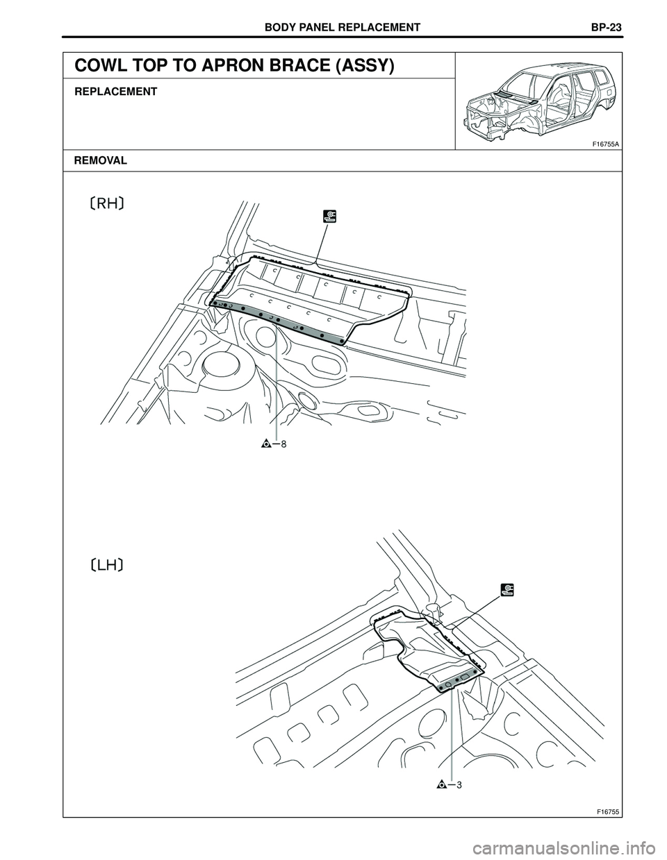 TOYOTA HIGHLANDER 2001  Service Repair Manual BODY PANEL REPLACEMENT
F16755
F16755A
REMOVALBP-23
COWL TOP TO APRON BRACE (ASSY)
REPLACEMENT 