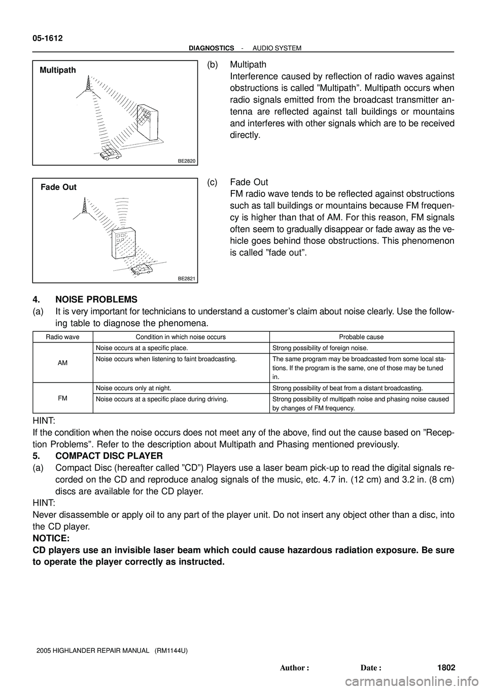TOYOTA HIGHLANDER 2001  Service Repair Manual BE2820
Multipath
BE2821
Fade Out 05-1612
- DIAGNOSTICSAUDIO SYSTEM
1802 Author: Date:
2005 HIGHLANDER REPAIR MANUAL   (RM1144U)
(b) Multipath
Interference  caused by reflection of radio waves agains