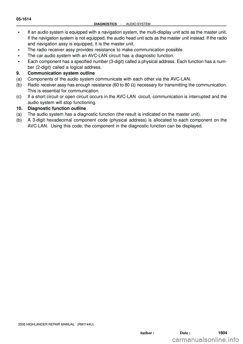 TOYOTA HIGHLANDER 2001  Service Repair Manual 05-1614
- DIAGNOSTICSAUDIO SYSTEM
1804 Author: Date:
2005 HIGHLANDER REPAIR MANUAL   (RM1144U)
If an audio system is equipped with a navigation system, the multi-display unit acts as the master uni
