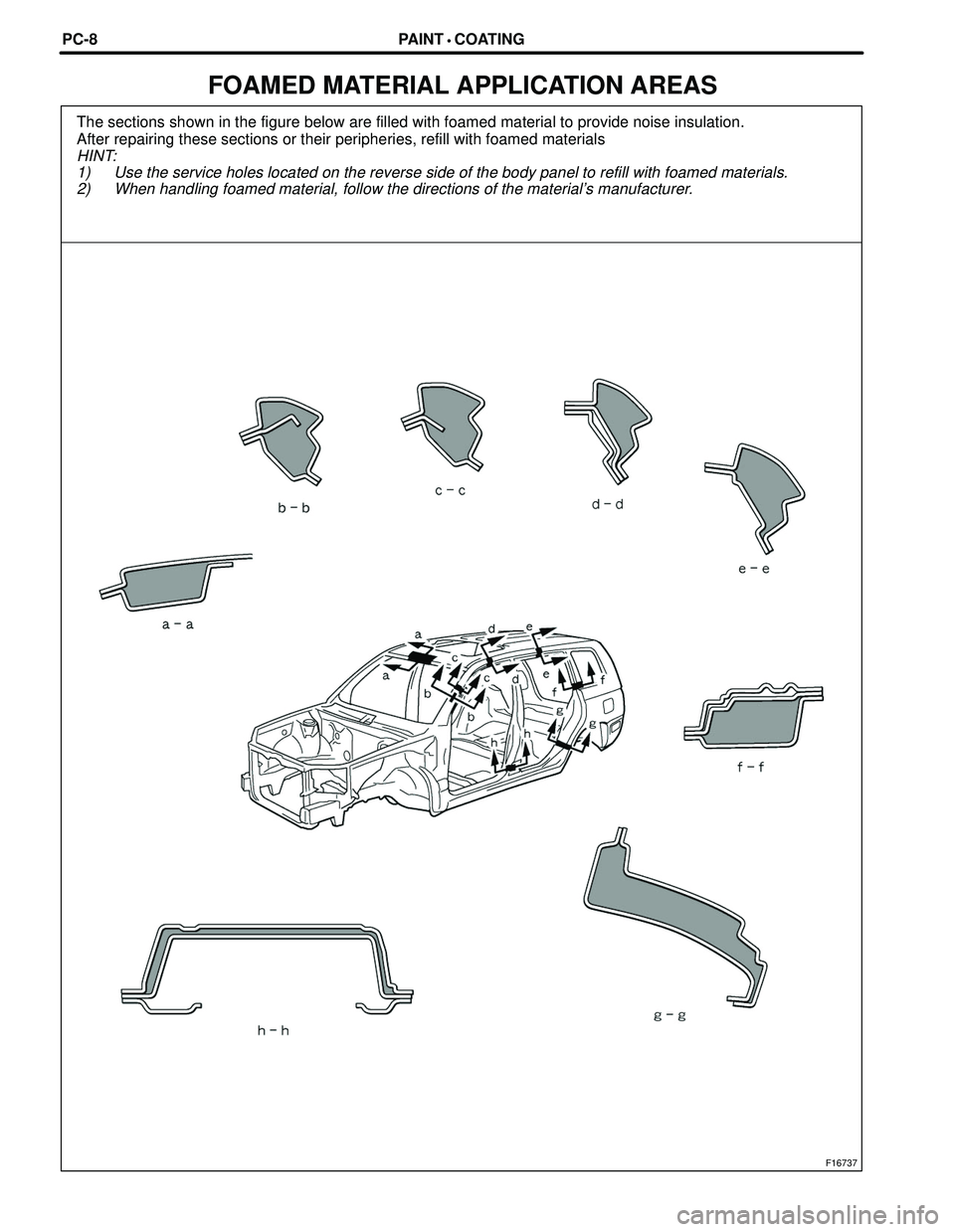 TOYOTA HIGHLANDER 2001  Service Repair Manual The sections shown in the figure below are filled with foamed material to provide noise insulation.
After repairing these sections or their peripheries, refill with foamed materials
HINT:
1) Use the s