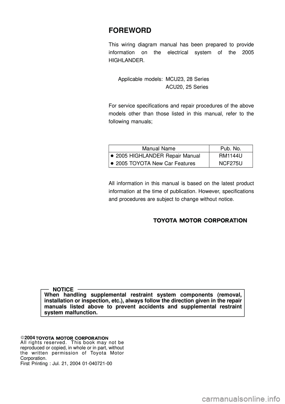 TOYOTA HIGHLANDER 2001  Service Repair Manual NOTICE
When handling supplemental restraint system components (removal,
installation or inspection, etc.), always follow the direction given in the repair
manuals listed above to prevent accidents and